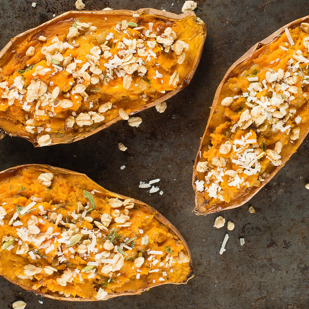Twice Baked Sweet Potatoes with Crunchy Topping