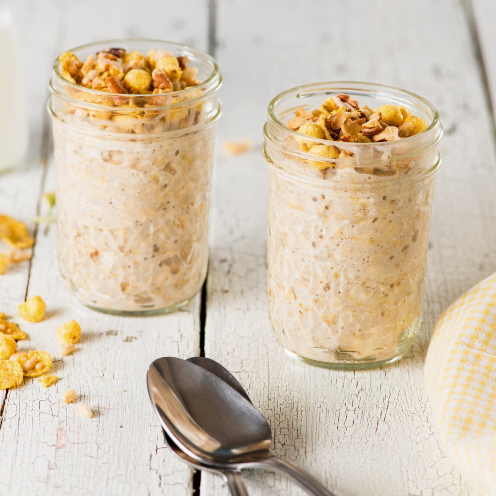 Banana Overnight Oats with Crunchy Sunrise Topping