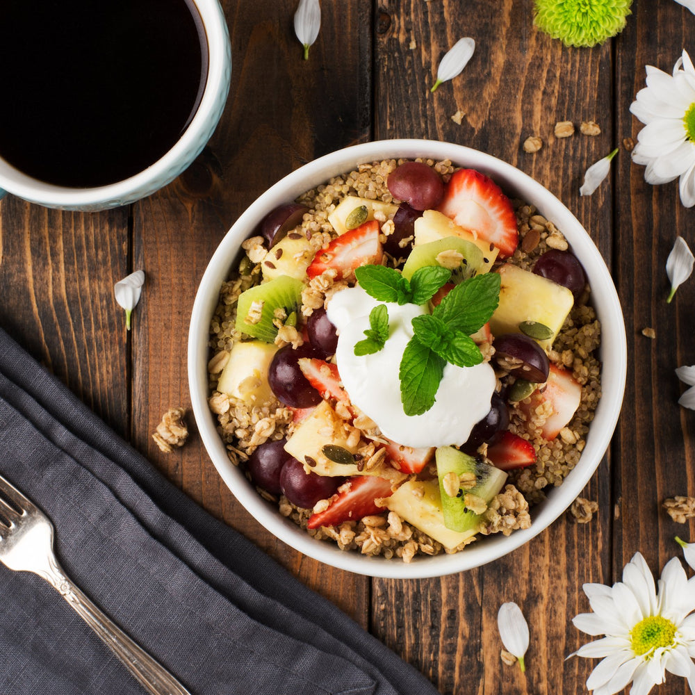Breakfast Quinoa with Fruit Salad and Pumpkin Flax Granola