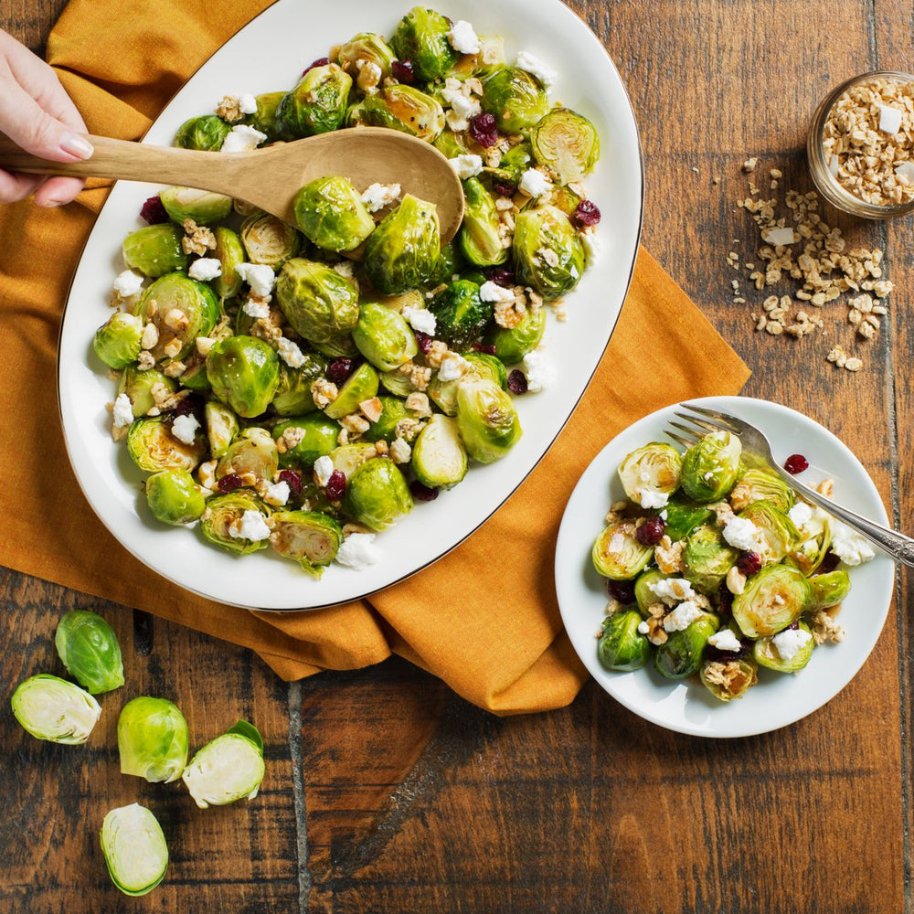 Brussels Sprouts with Toasted Coconut Chia Granola and Hazelnuts