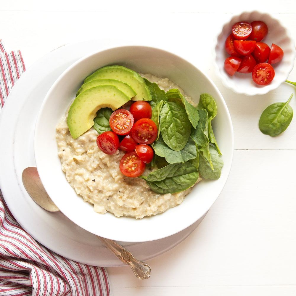 Cheesy Oats with Tomato, Avocado and Spinach