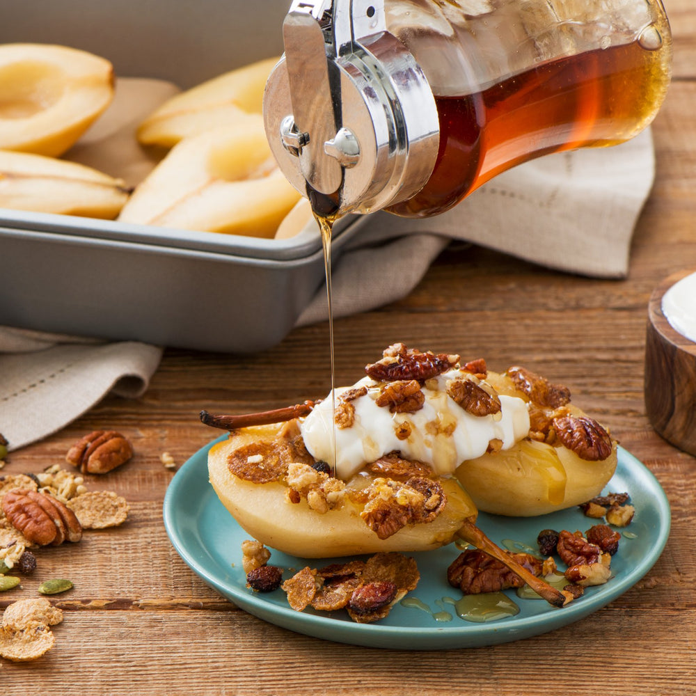 Maple Baked Pears with Pecan Crunch Topping