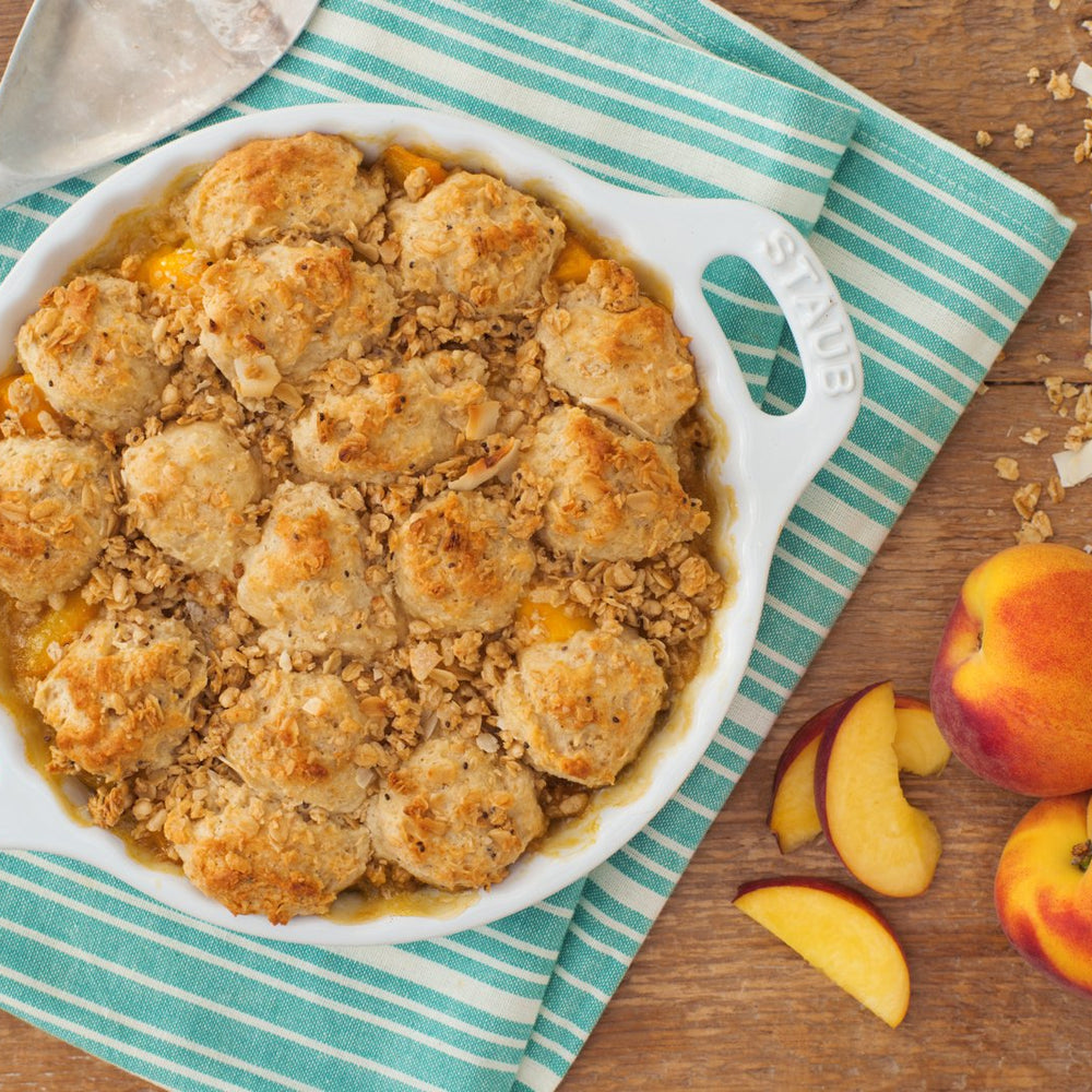 Peach and Mango Cobbler with Coconut Chia Biscuit Topping