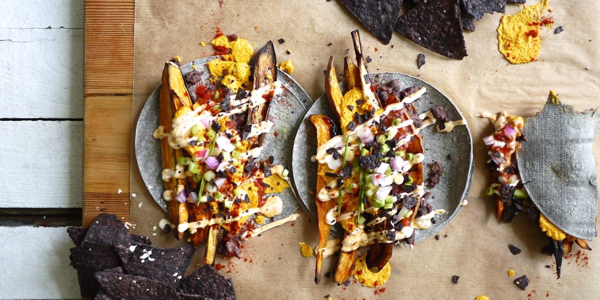 Roasted Yam and Eggplant Tacos with Chipotle Mayo and Crunchy Tortilla Chip Garnish