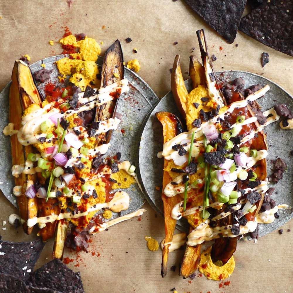 Roasted Yam and Eggplant Tacos with Chipotle Mayo and Crunchy Tortilla Chip Garnish