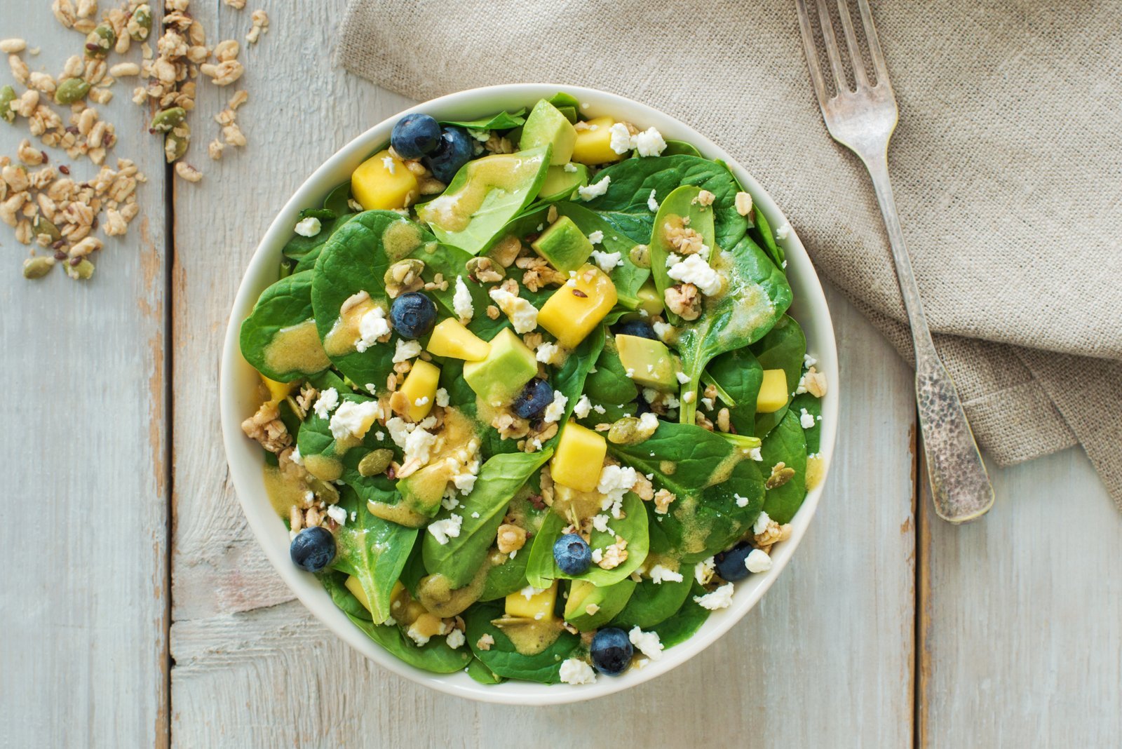 Spinach & Fruit Salad with Pumpkin Seed + Flax Granola