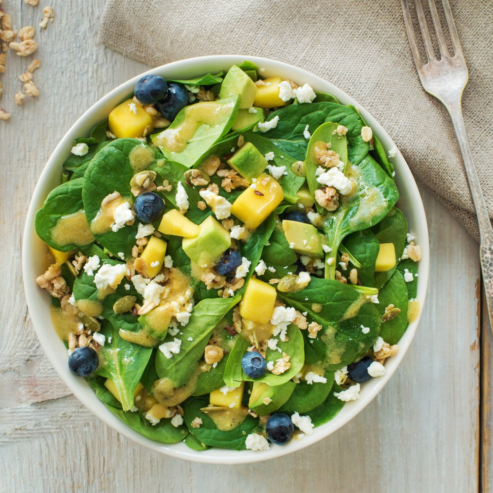 Spinach & Fruit Salad with Pumpkin Seed + Flax Granola