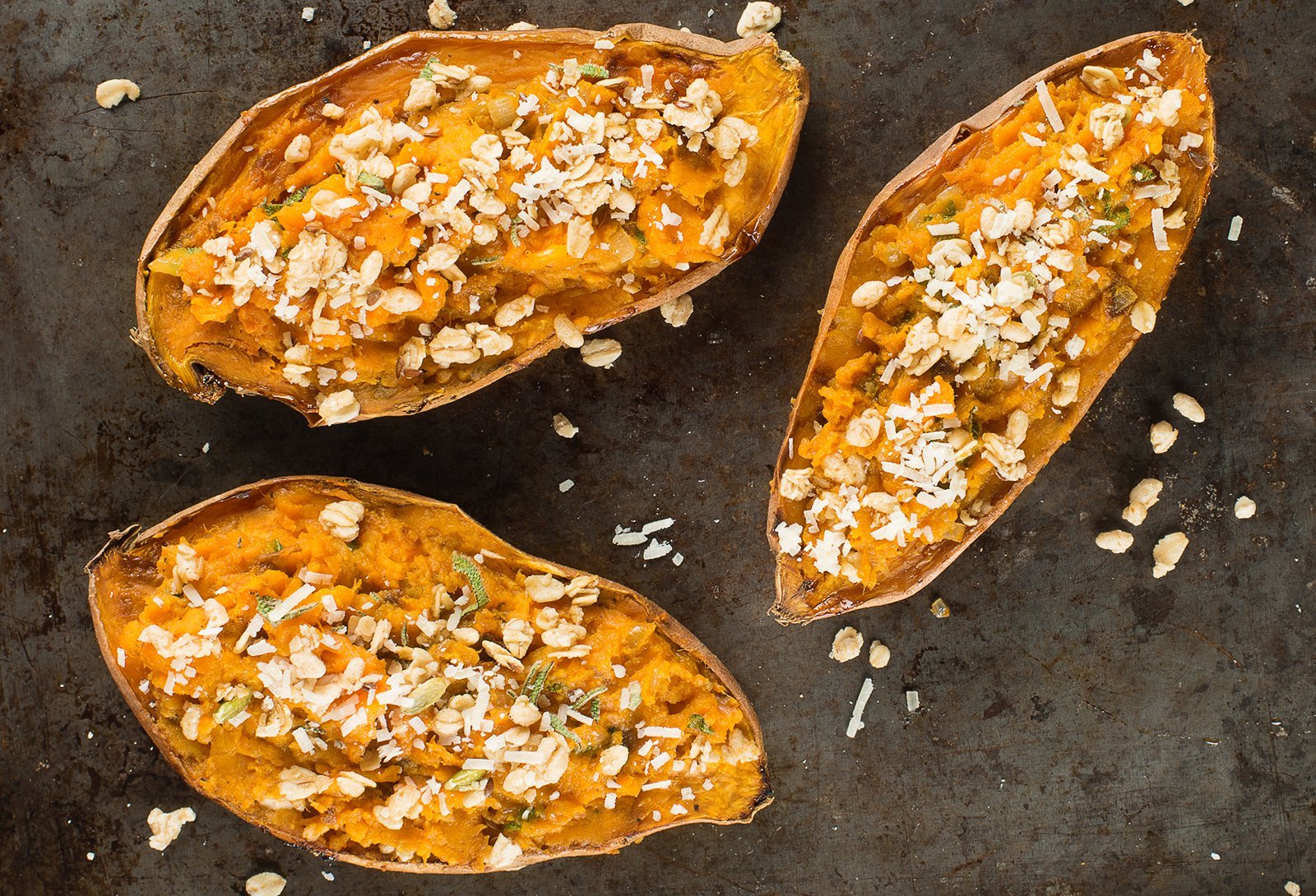 Twice Baked Sweet Potatoes with Crunchy Topping