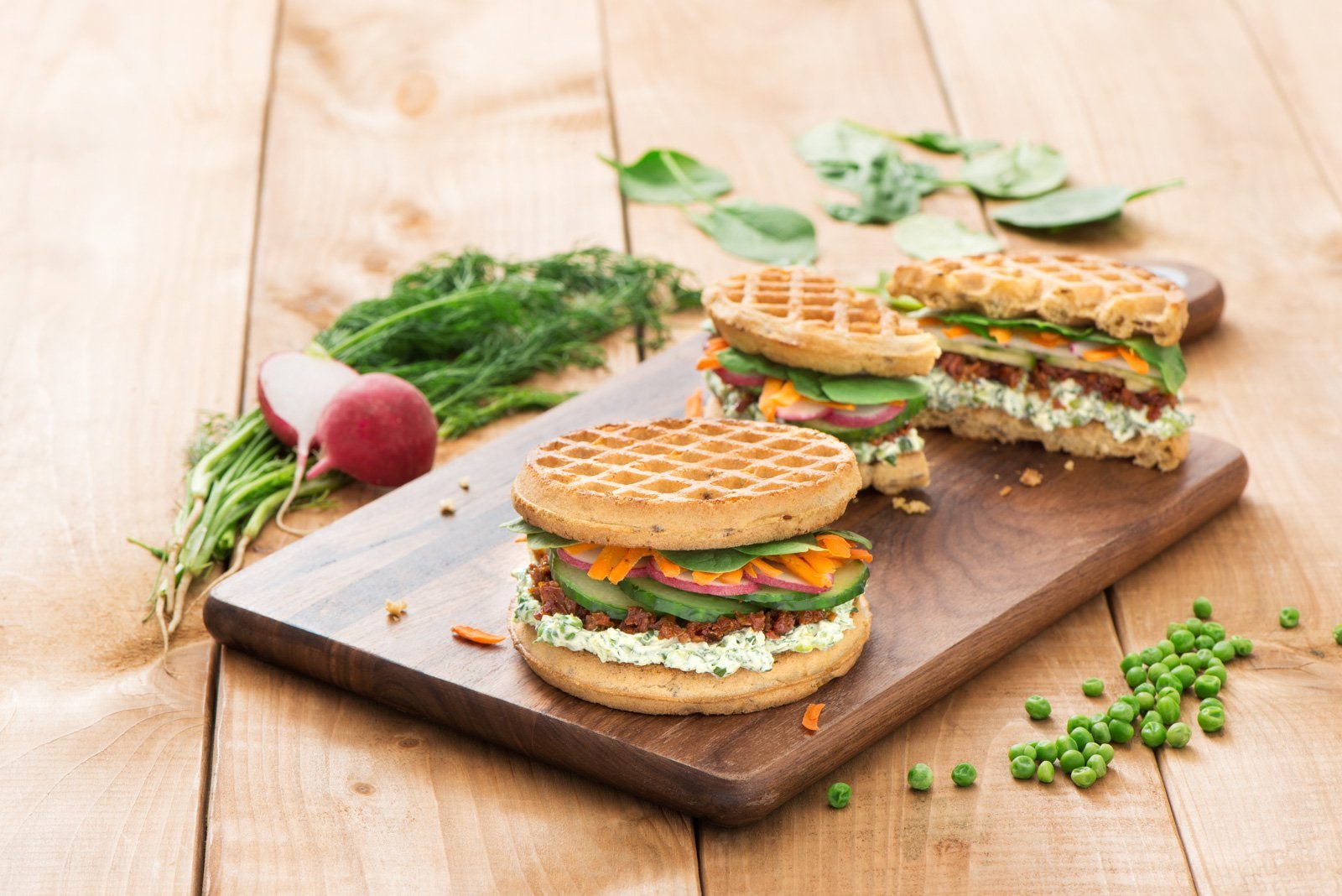 Waffle Sandwich with Spring Pea and Herb Spread