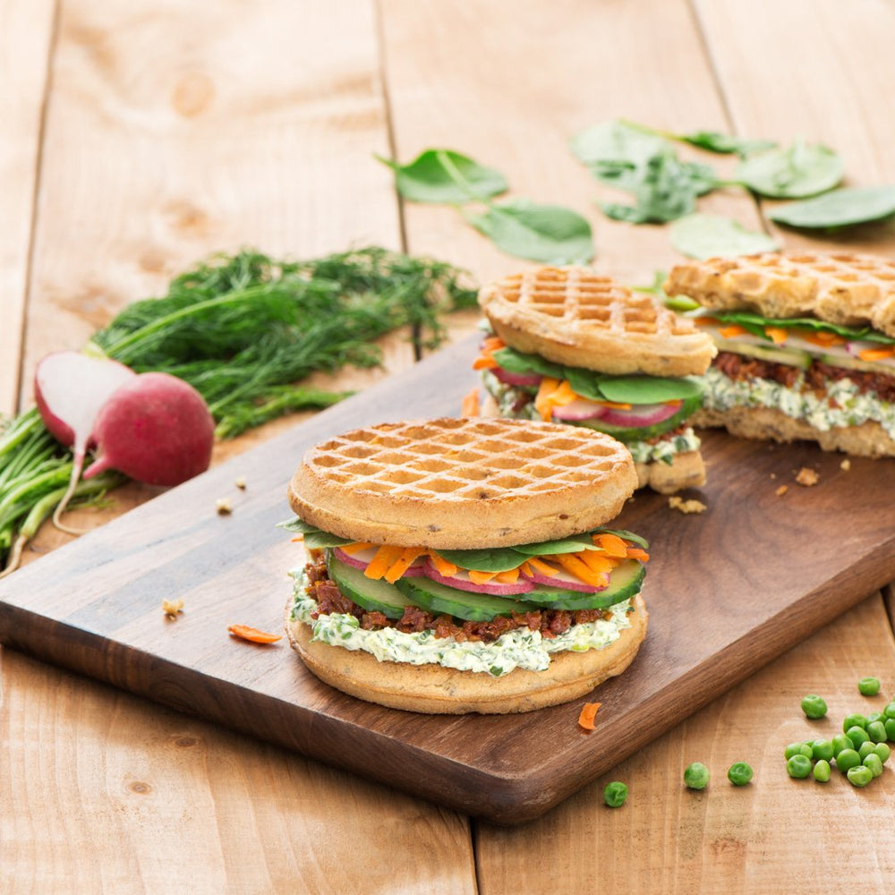 Waffle Sandwich with Spring Pea and Herb Spread