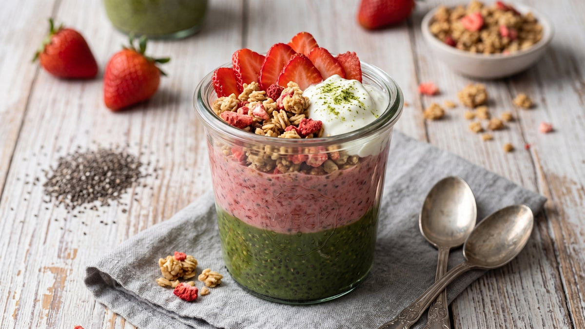 Matcha Strawberry Cheesecake Chia Pudding