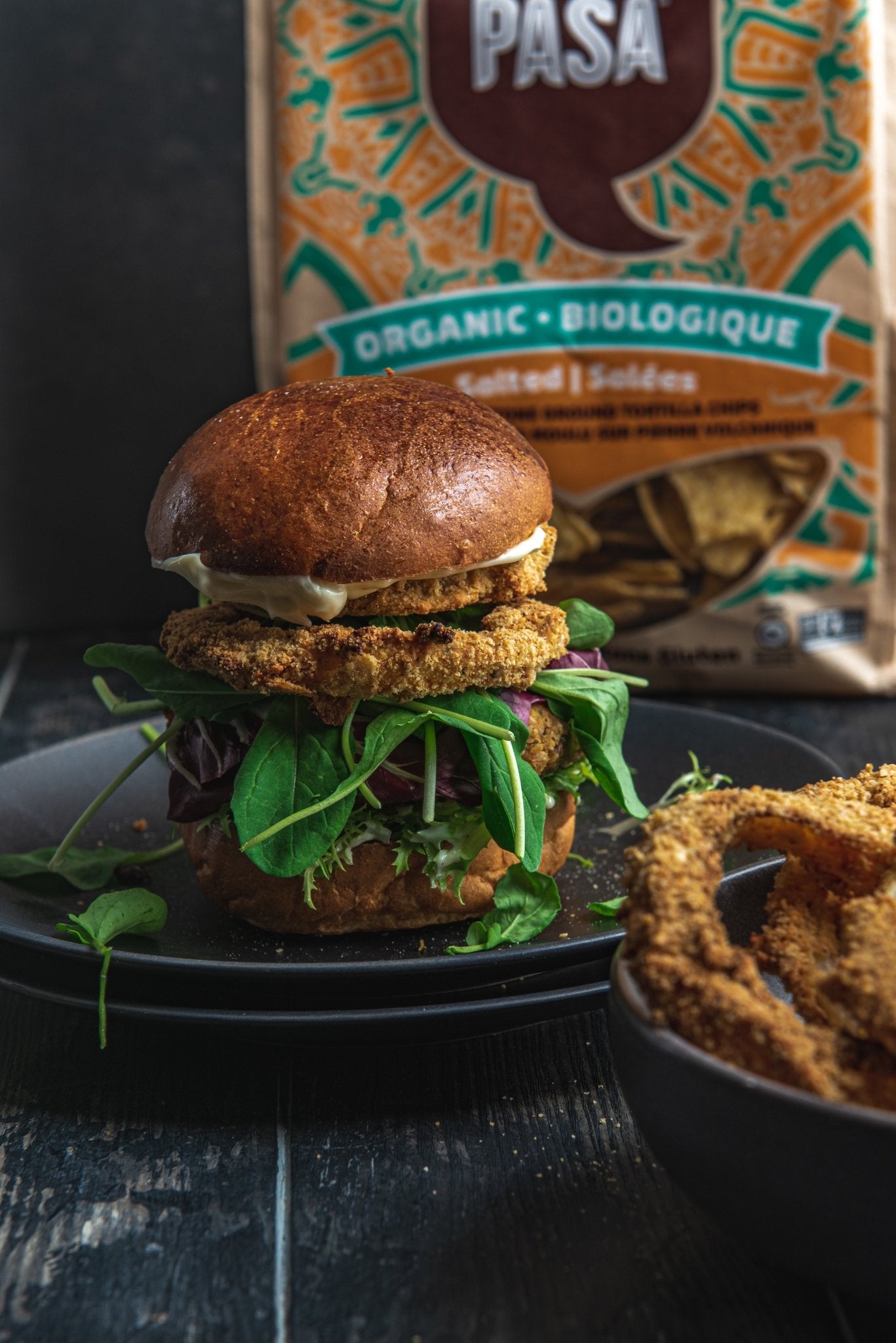 Que Pasa Chickpea Burgers & Onion Rings Recipe