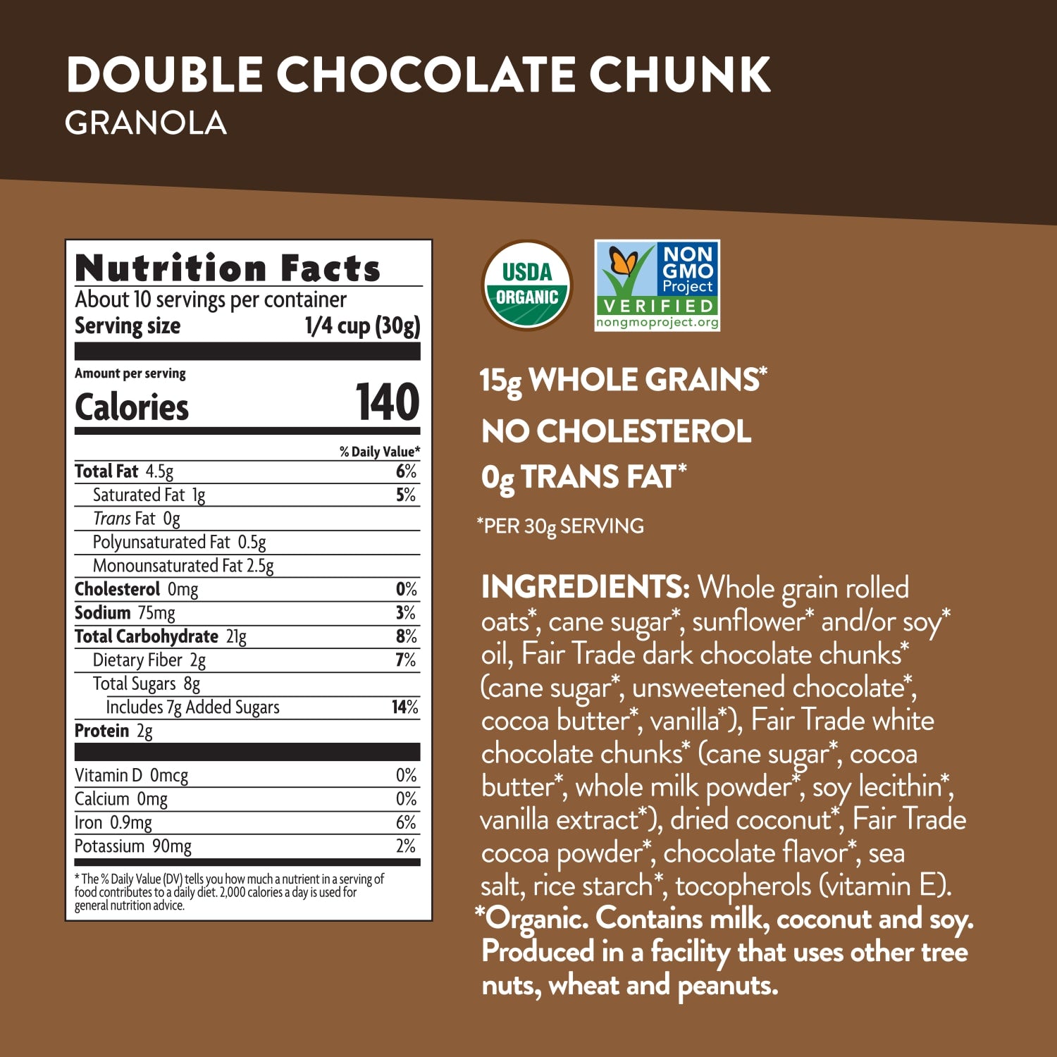 Nutrition facts per serving and ingredient statement for Double Chocolate Chunk Granola