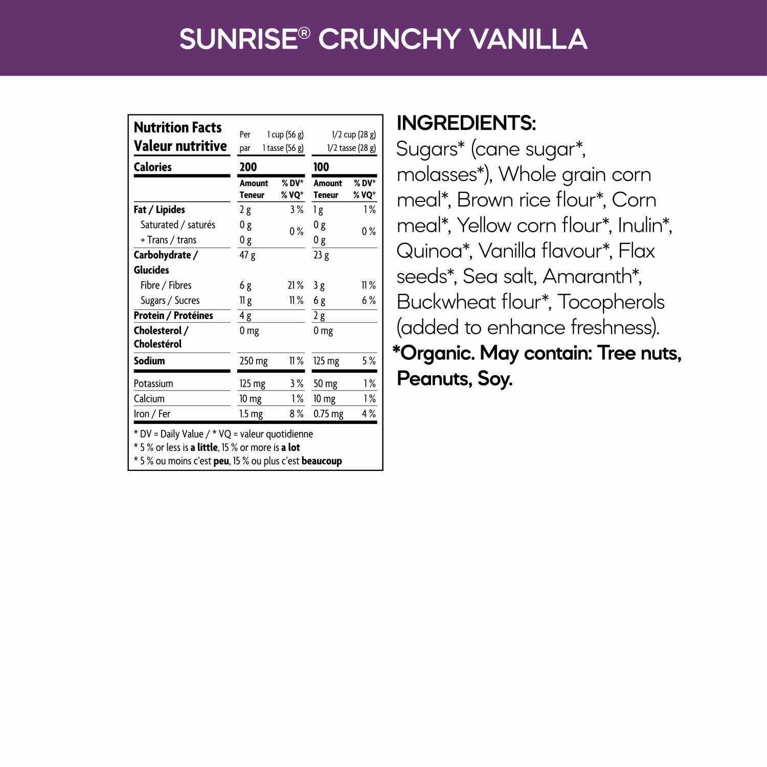 Nutrition facts per serving and ingredient statement for Sunrise Crunchy Vanilla Cereal