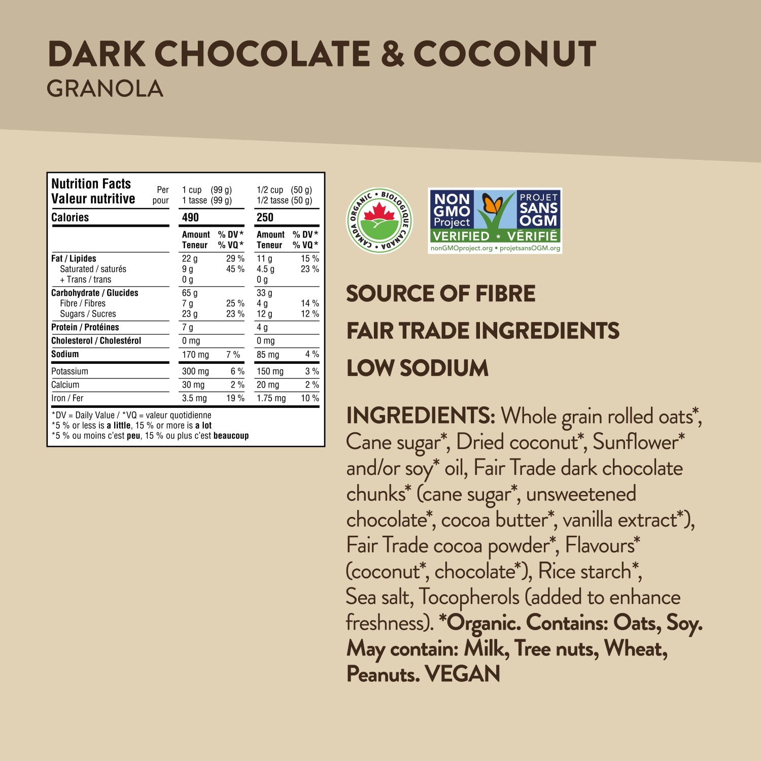 Nutrition facts per serving and ingredient statement for Dark Chocolate Coconut Granola