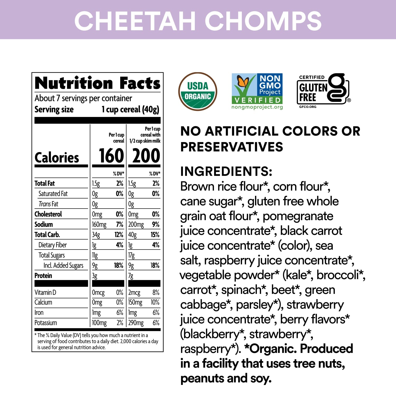 Nutrition facts per serving and ingredient statement for Berry Blast Cheetah Chomps Cereal