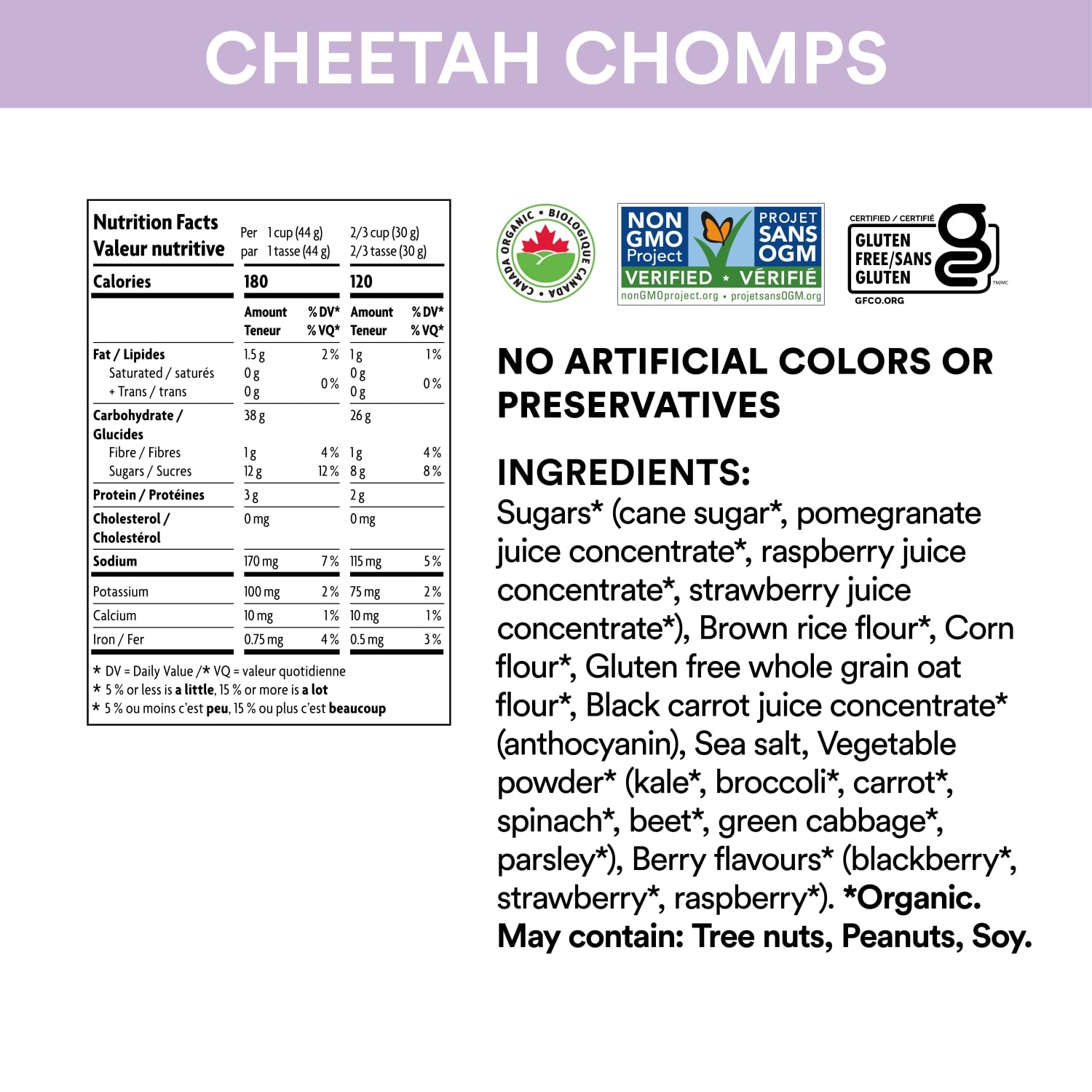 Nutrition facts per serving and ingredient statement for Berry Blast Cheetah Chomps Cereal