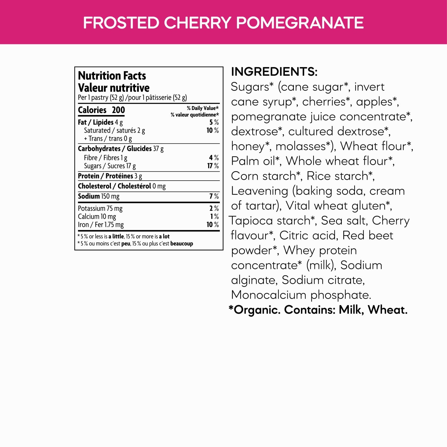 Nutrition facts per serving and ingredient statement for Frosted Cherry Pomegranate Toaster Pastries