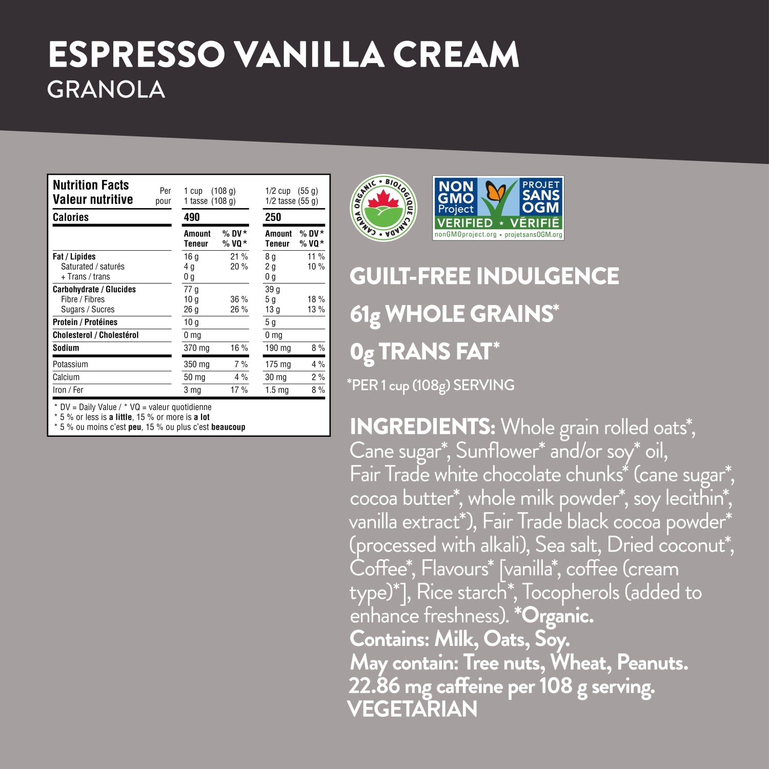 Nutrition facts per serving and ingredient statement for Espresso Vanilla Cream Granola