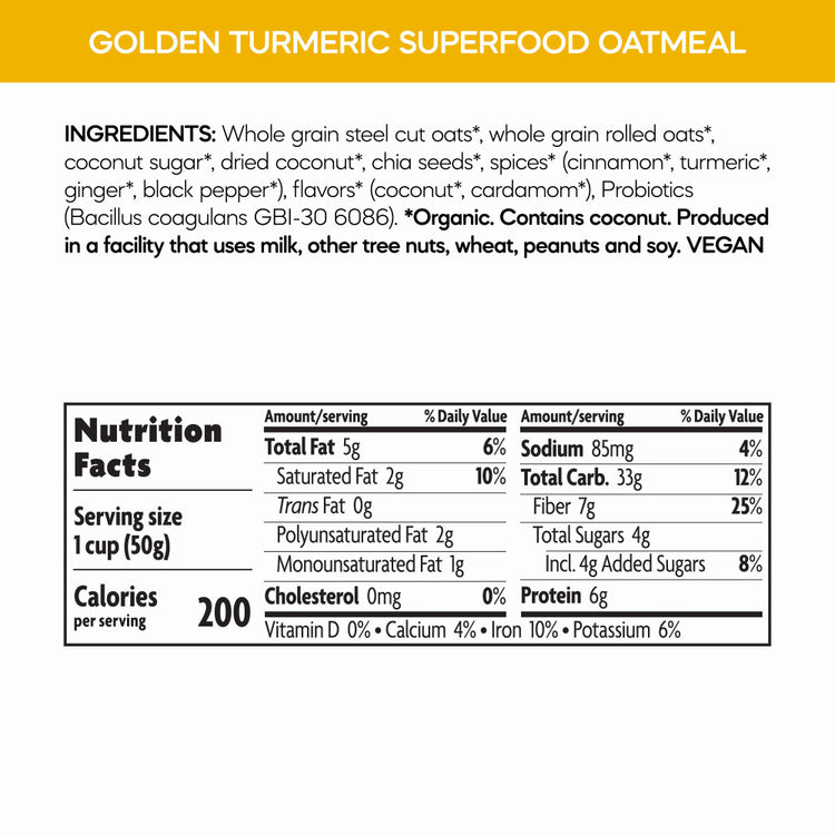 Golden Turmeric Superfood Oatmeal, 1.76 oz Cup/Tub, Pack of 6