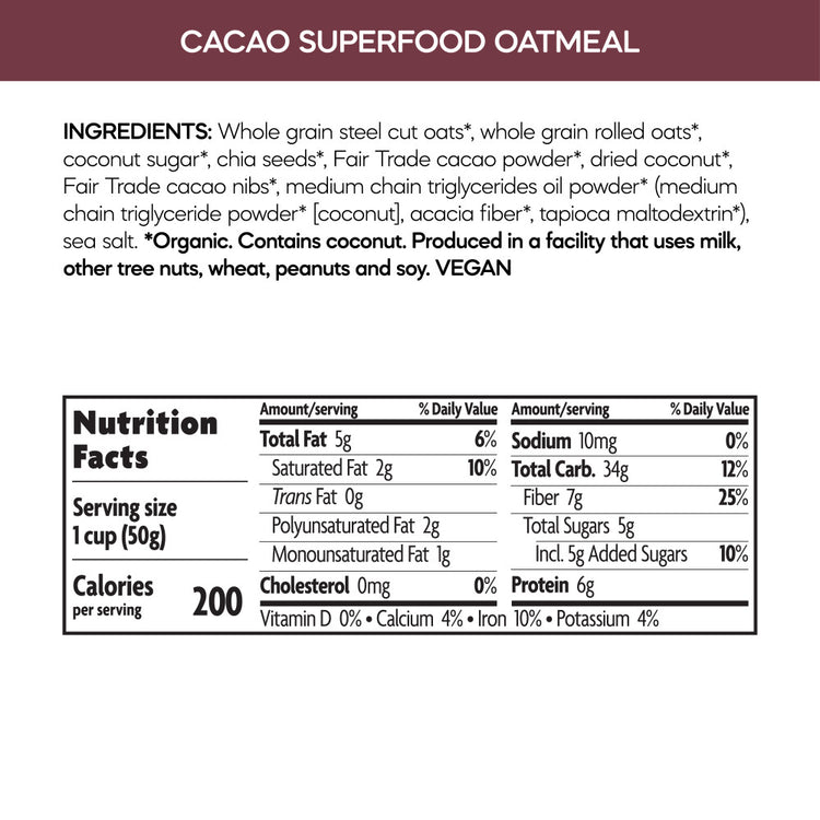 Cacao Superfood Oatmeal, 1.76 oz Cup/Tub, Pack of 6
