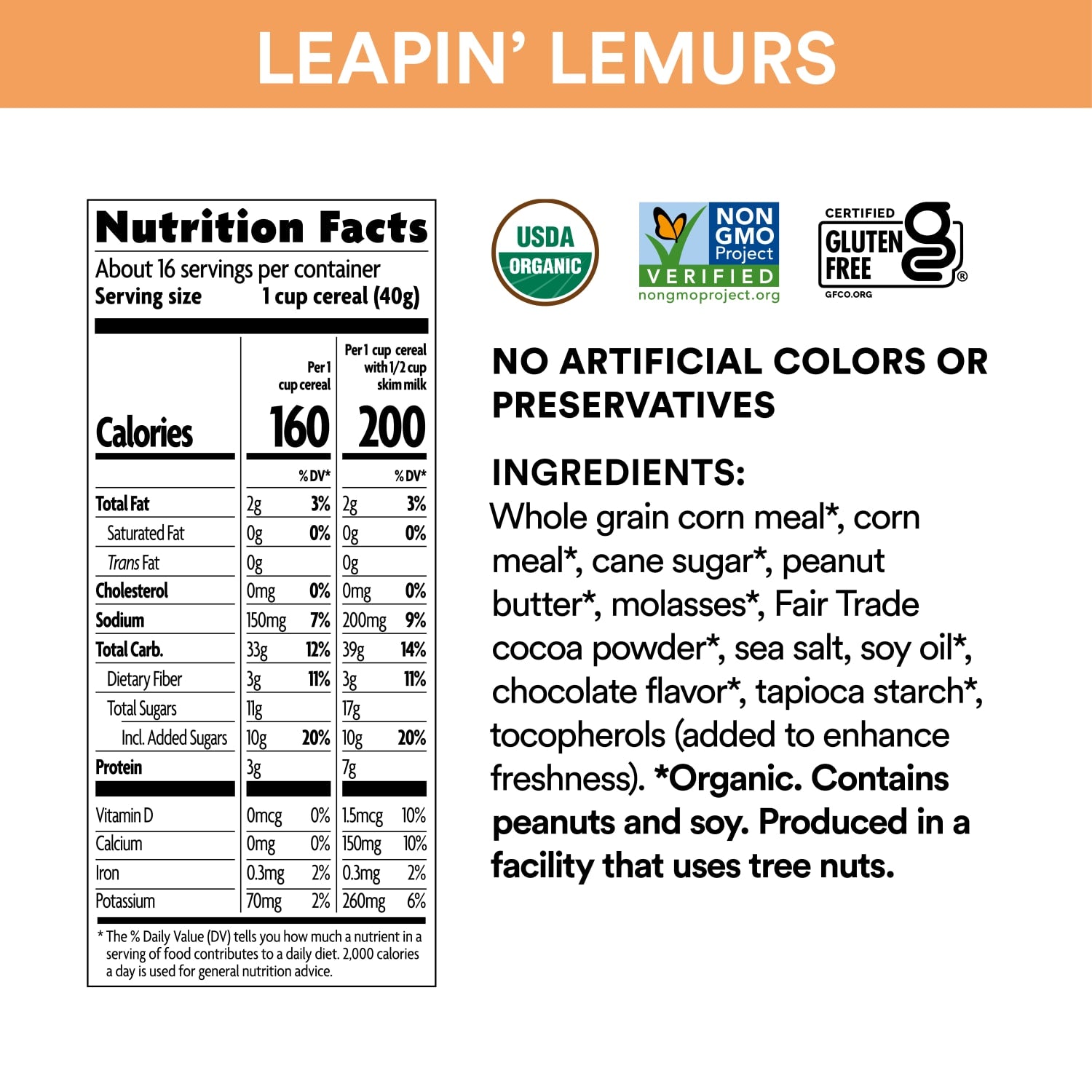 Nutrition facts per serving and ingredient statement for Peanut Butter & Chocolate Leapin' Lemurs Cereal