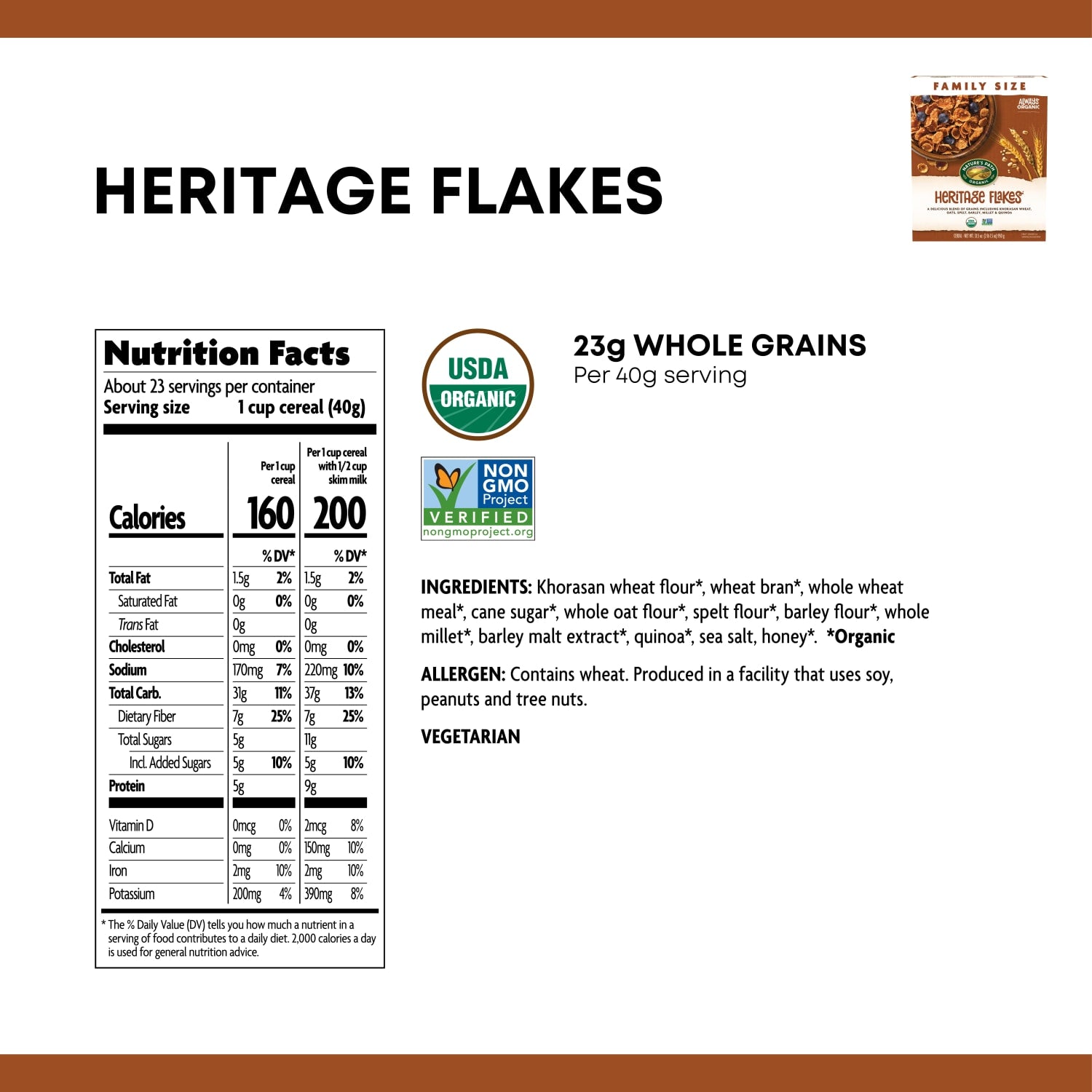 Nutrition facts per serving and ingredient statement for Heritage Flakes® Cereal