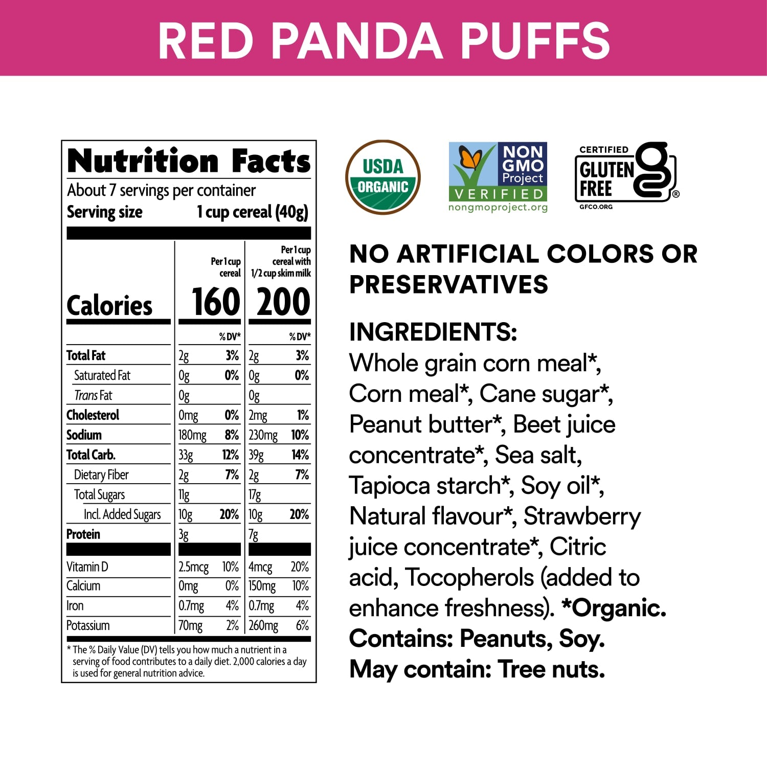 Nutrition facts per serving and ingredient statement for Peanut Butter & Strawberry Red Panda Puffs Cereal