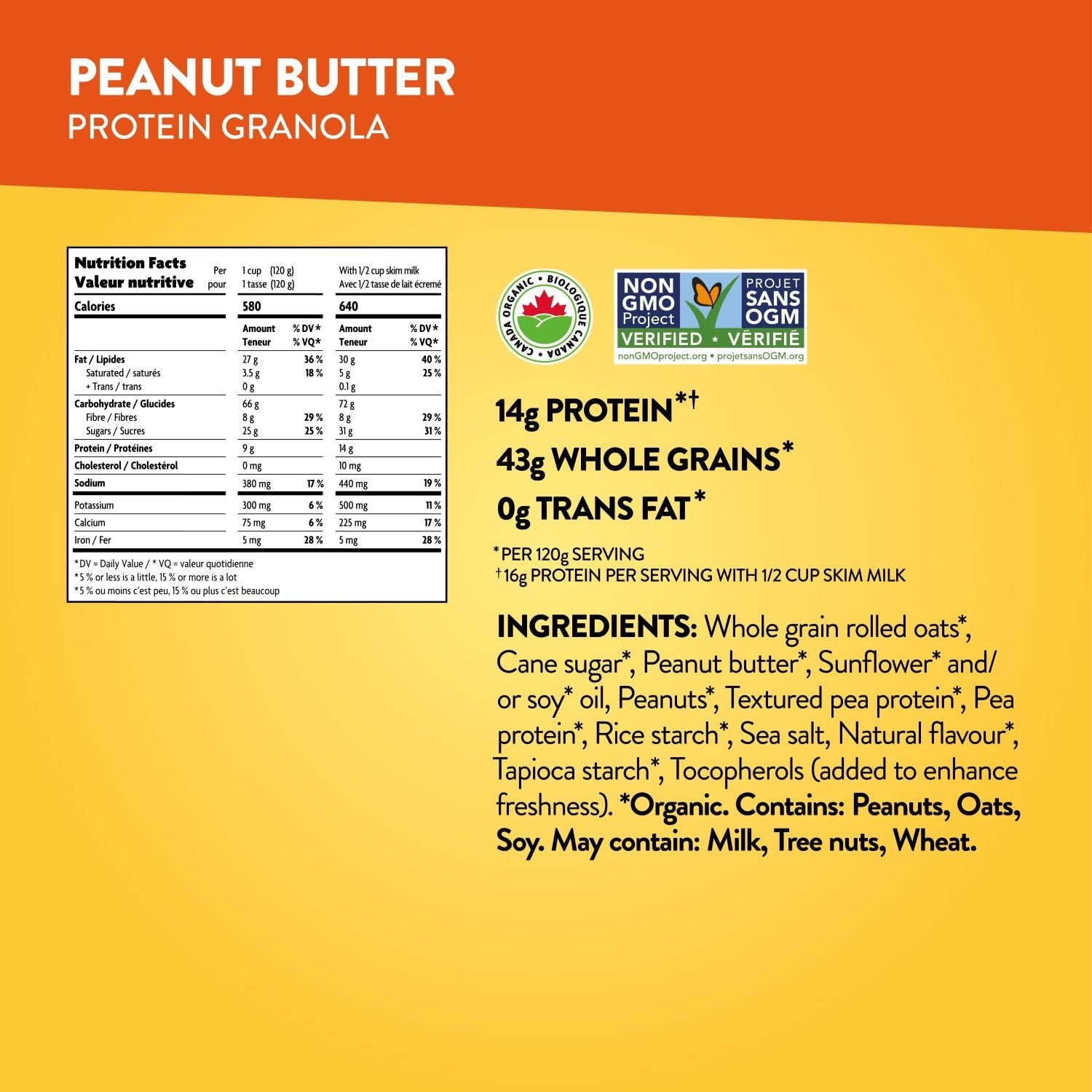 Nutrition facts per serving and ingredient statement for Peanut Butter Protein Granola