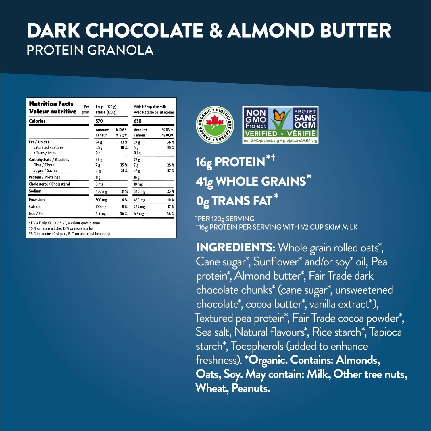 Nutrition facts per serving and ingredient statement for Chocolate & Almond Butter Protein Granola