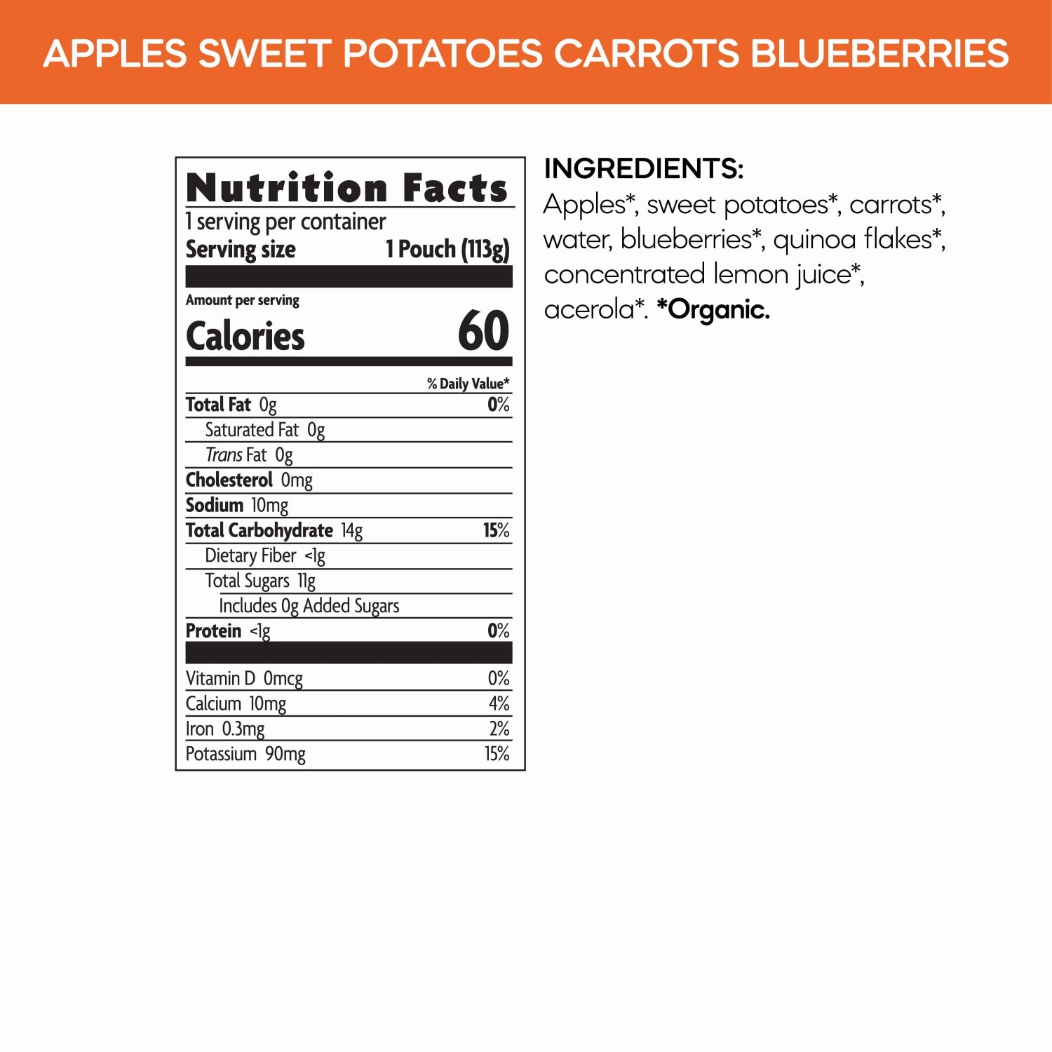 Nutrition facts per serving and ingredient statement for Superblends Apples, Sweet Potatoes, Carrots + Blueberries Puree