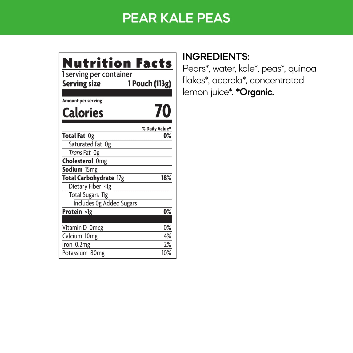 Nutrition facts per serving and ingredient statement for Superblends Pears, Kale + Peas Puree