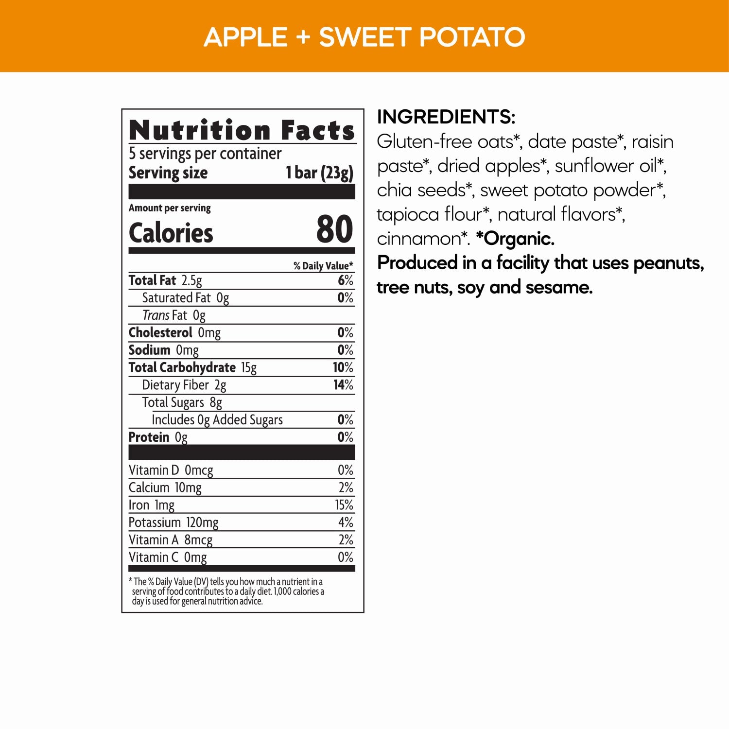 Nutrition facts per serving and ingredient statement for Oaty Chomps Apple + Sweet Potato Snack Bar