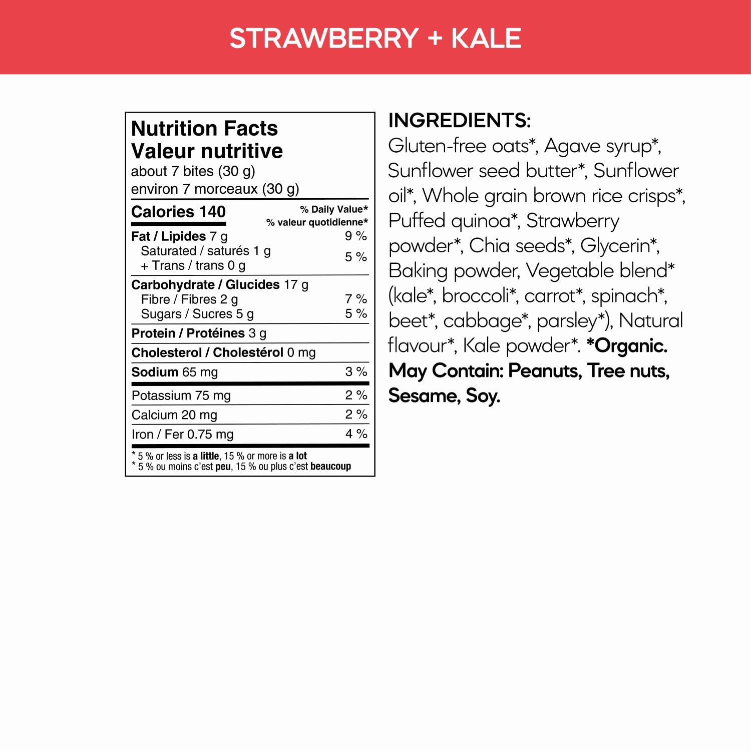 Nutrition facts per serving and ingredient statement for Oaty Bites Strawberry + Kale Snack Bites