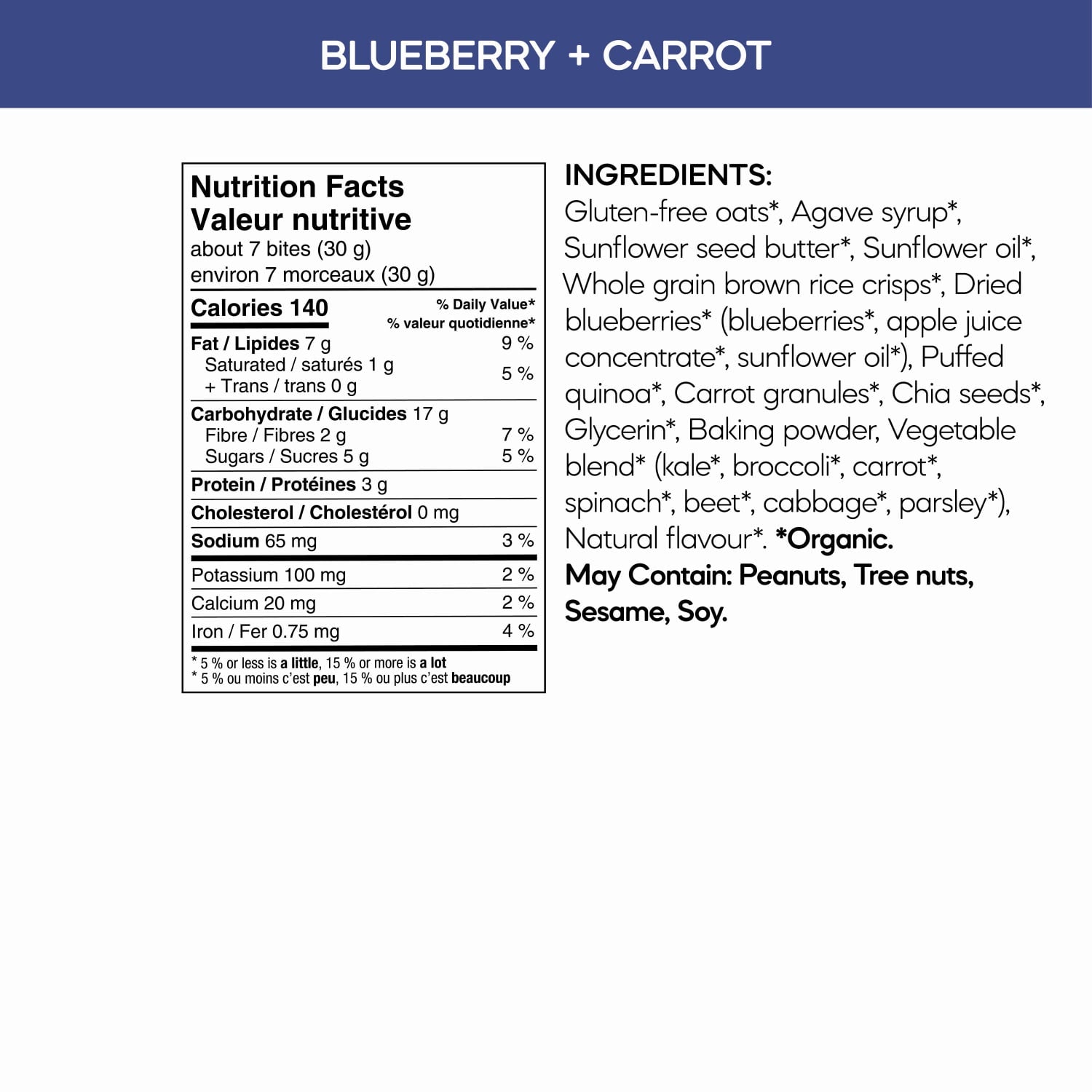 Nutrition facts per serving and ingredient statement for Oaty Bites Blueberry + Carrot Snack Bites