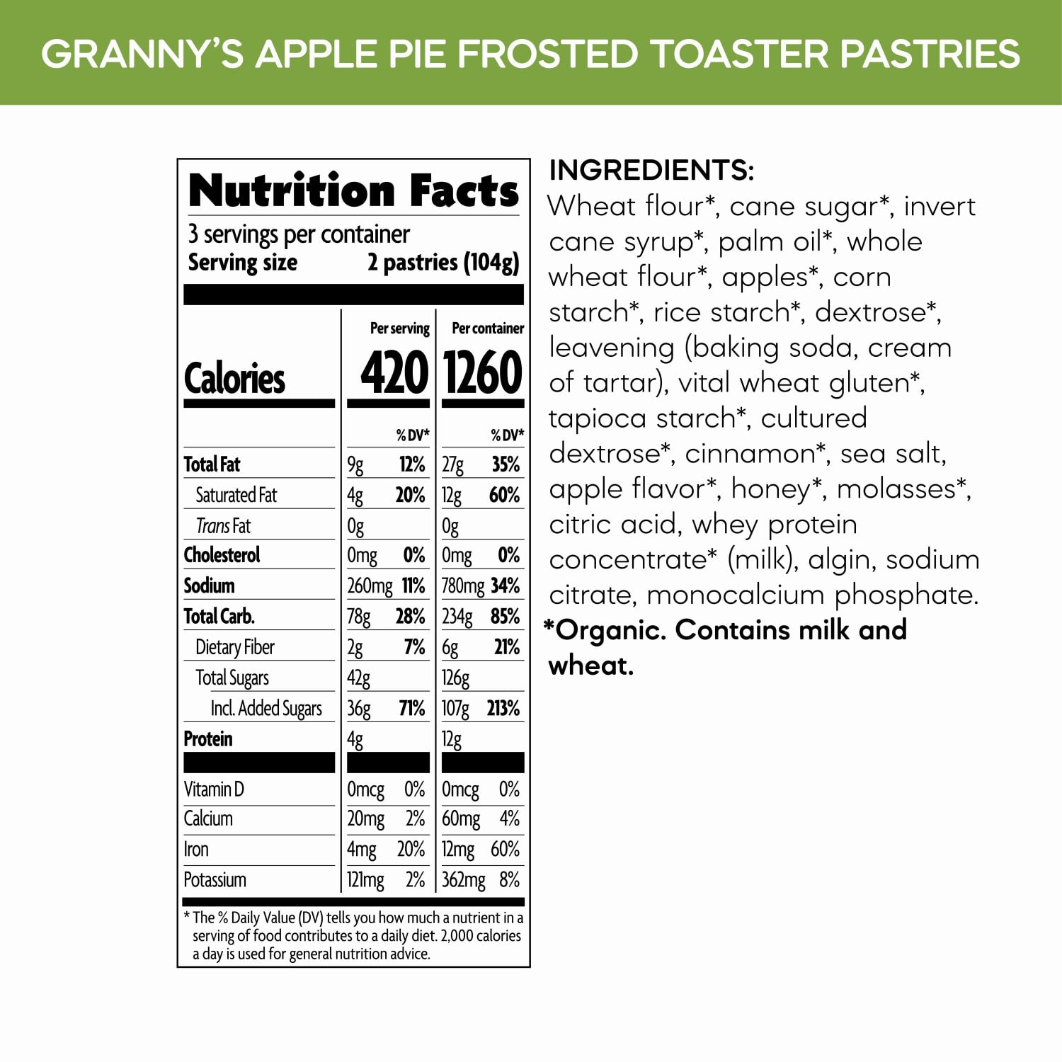 Nutrition facts per serving and ingredient statement for Frosted Granny’s Apple Pie Toaster Pastries