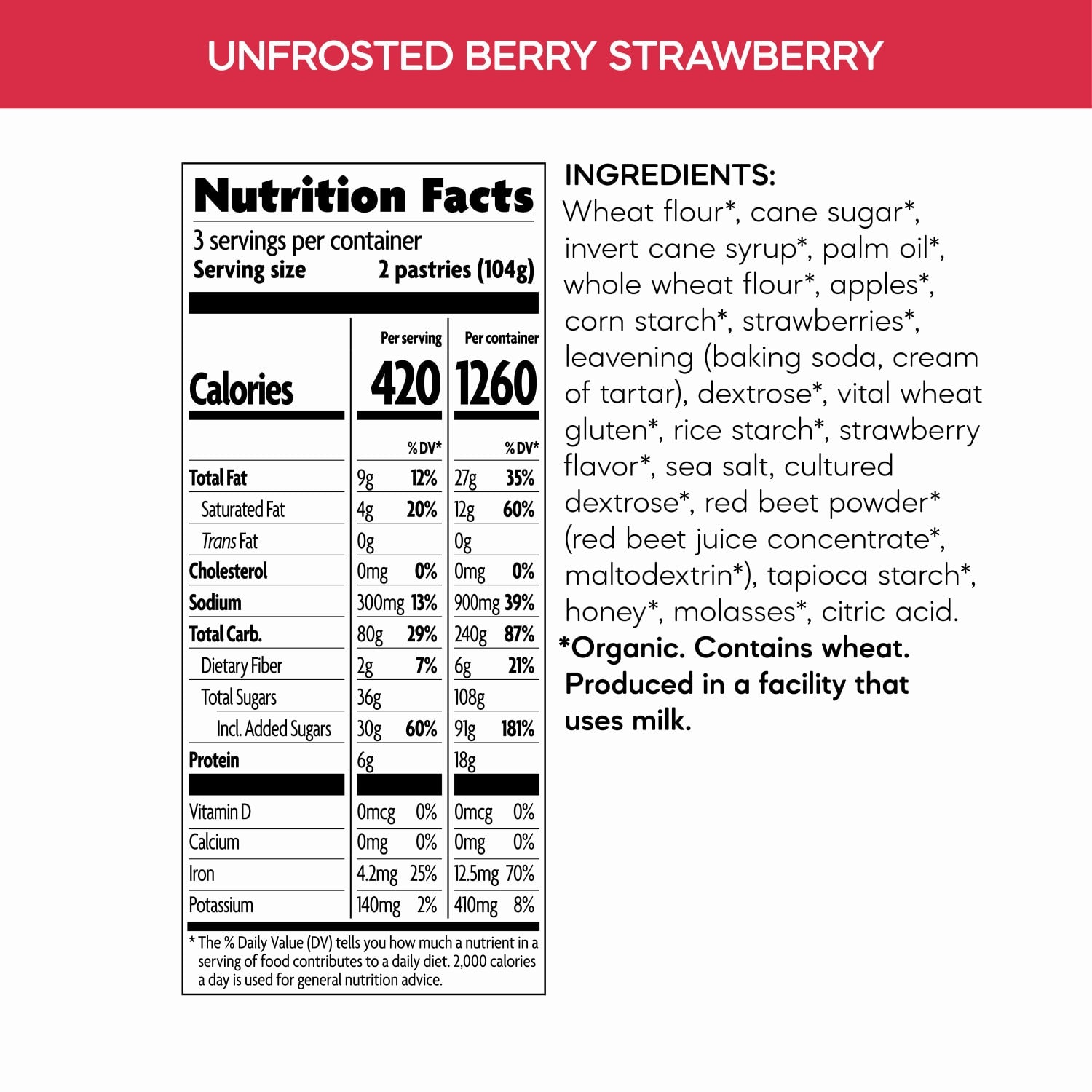 Nutrition facts per serving and ingredient statement for Unfrosted Berry Strawberry Toaster Pastries