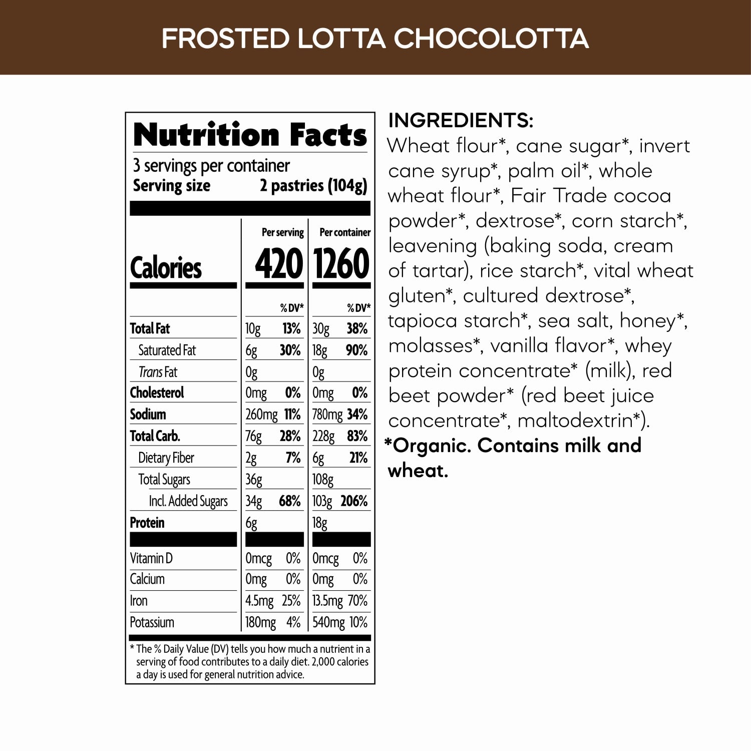 Nutrition facts per serving and ingredient statement for Frosted Lotta Chocolotta Toaster Pastries