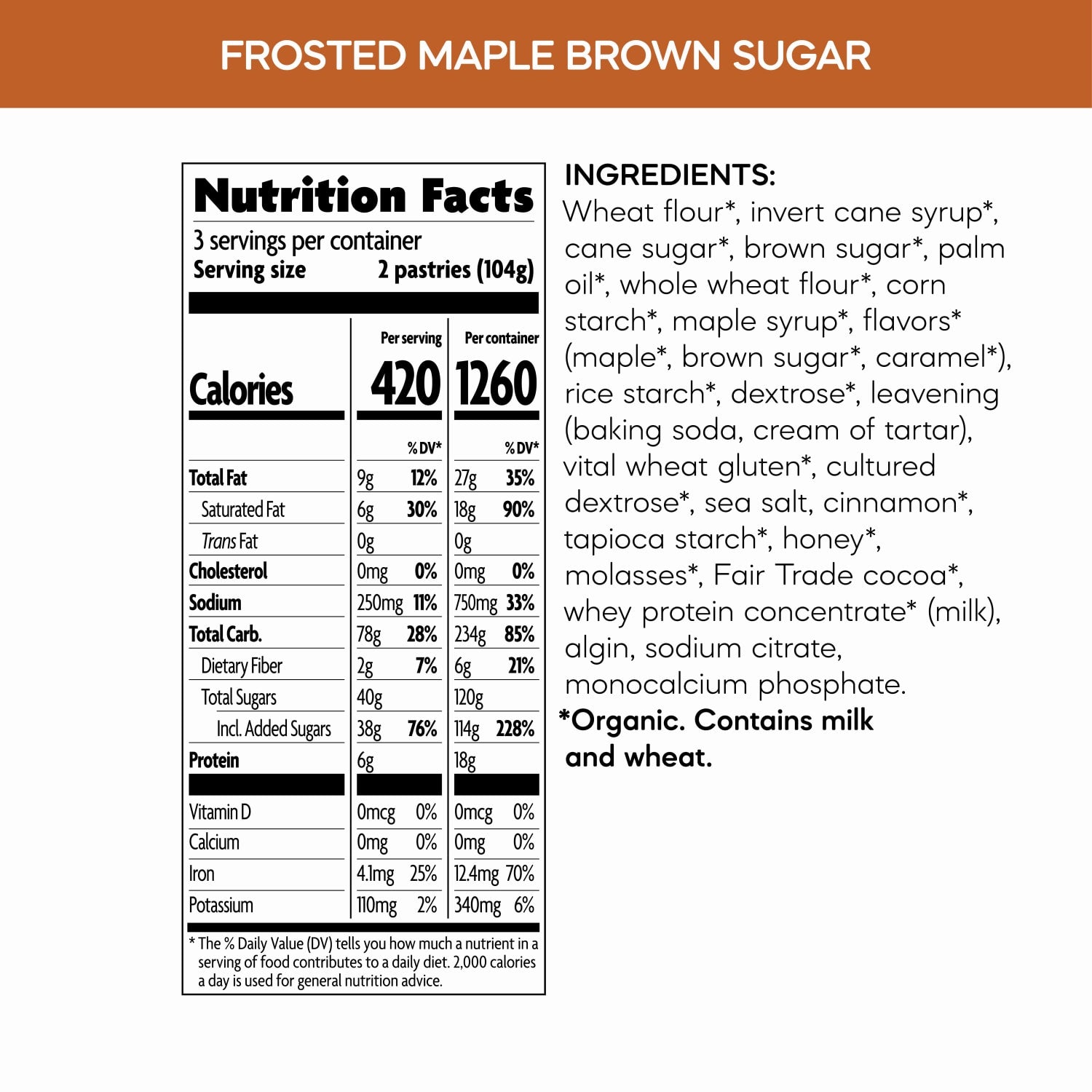 Nutrition facts per serving and ingredient statement for Frosted Mmmaple Brown Sugar Toaster Pastries