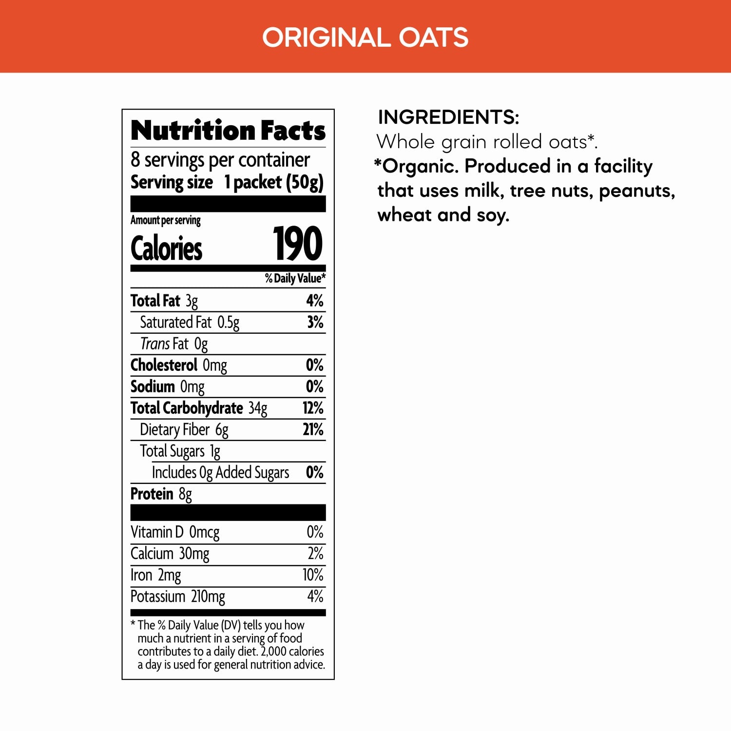 Nutrition facts per serving and ingredient statement for Original Instant Oatmeal