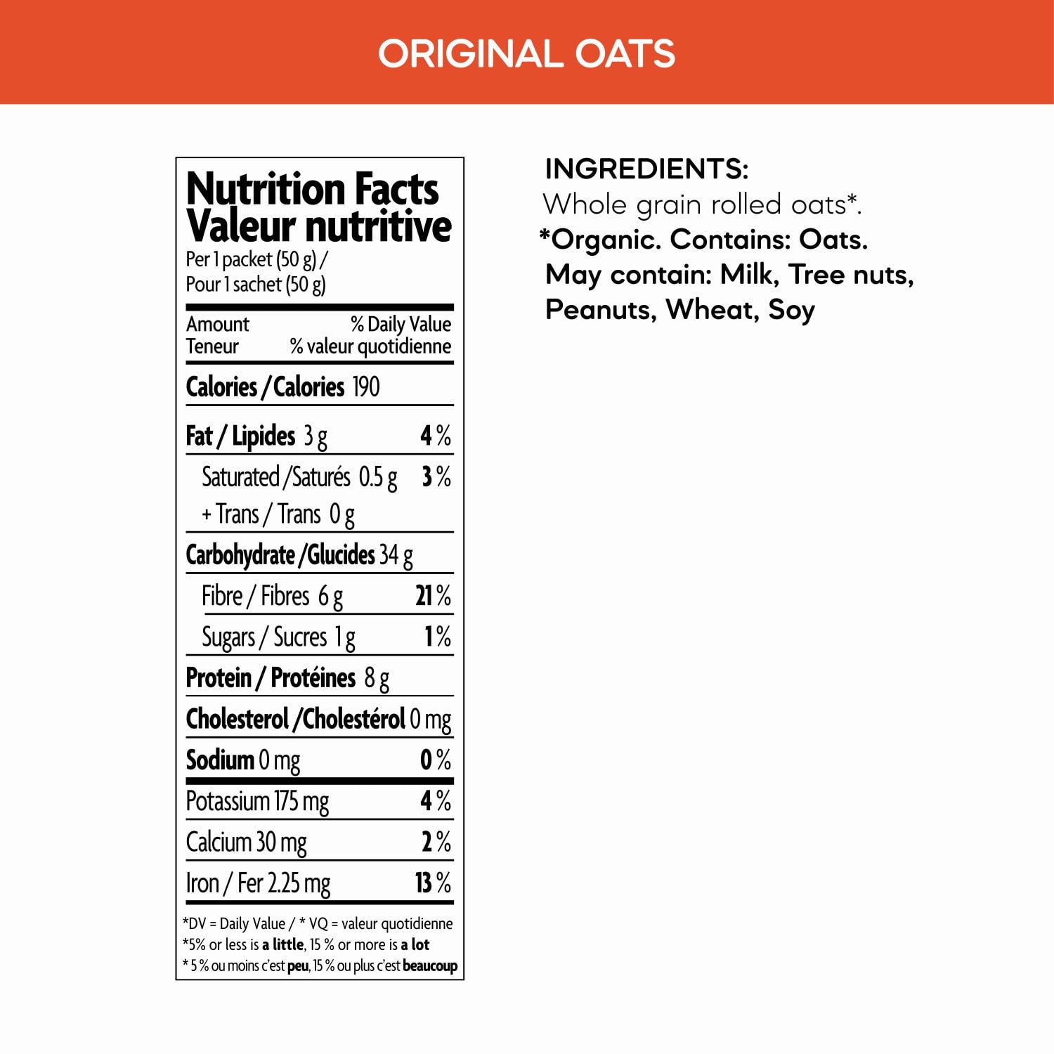 Nutrition facts per serving and ingredient statement for Original Instant Oatmeal