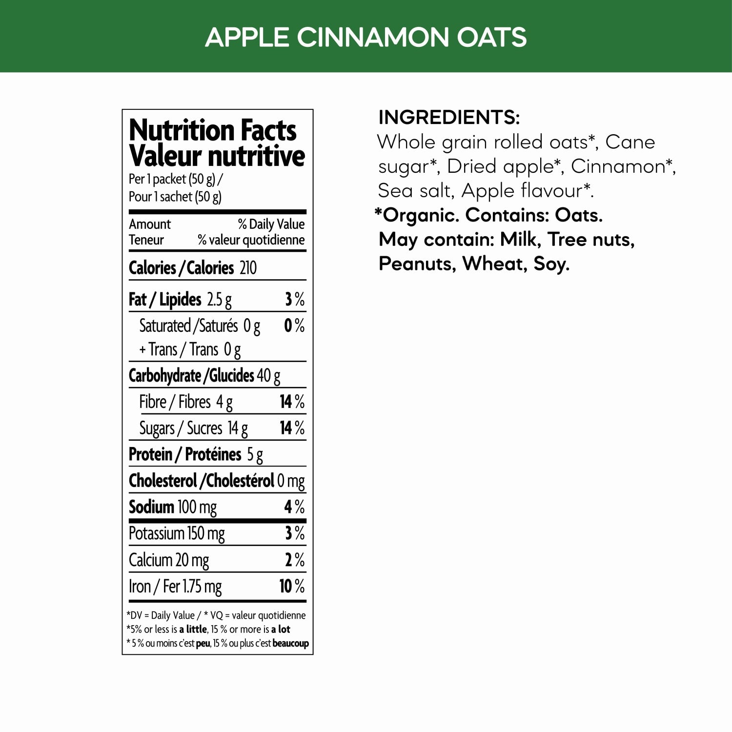 Nutrition facts per serving and ingredient statement for Apple Cinnamon Oatmeal