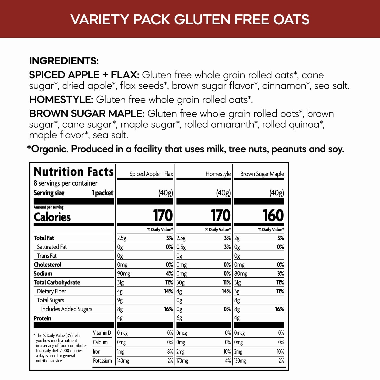 Nutrition facts per serving and ingredient statement for Gluten Free Instant Oatmeal Variety Pack