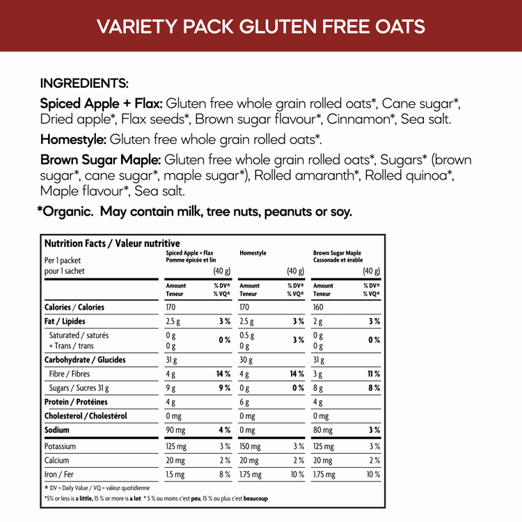 Variety Pack Gluten Free Oatmeal, 320 g Box