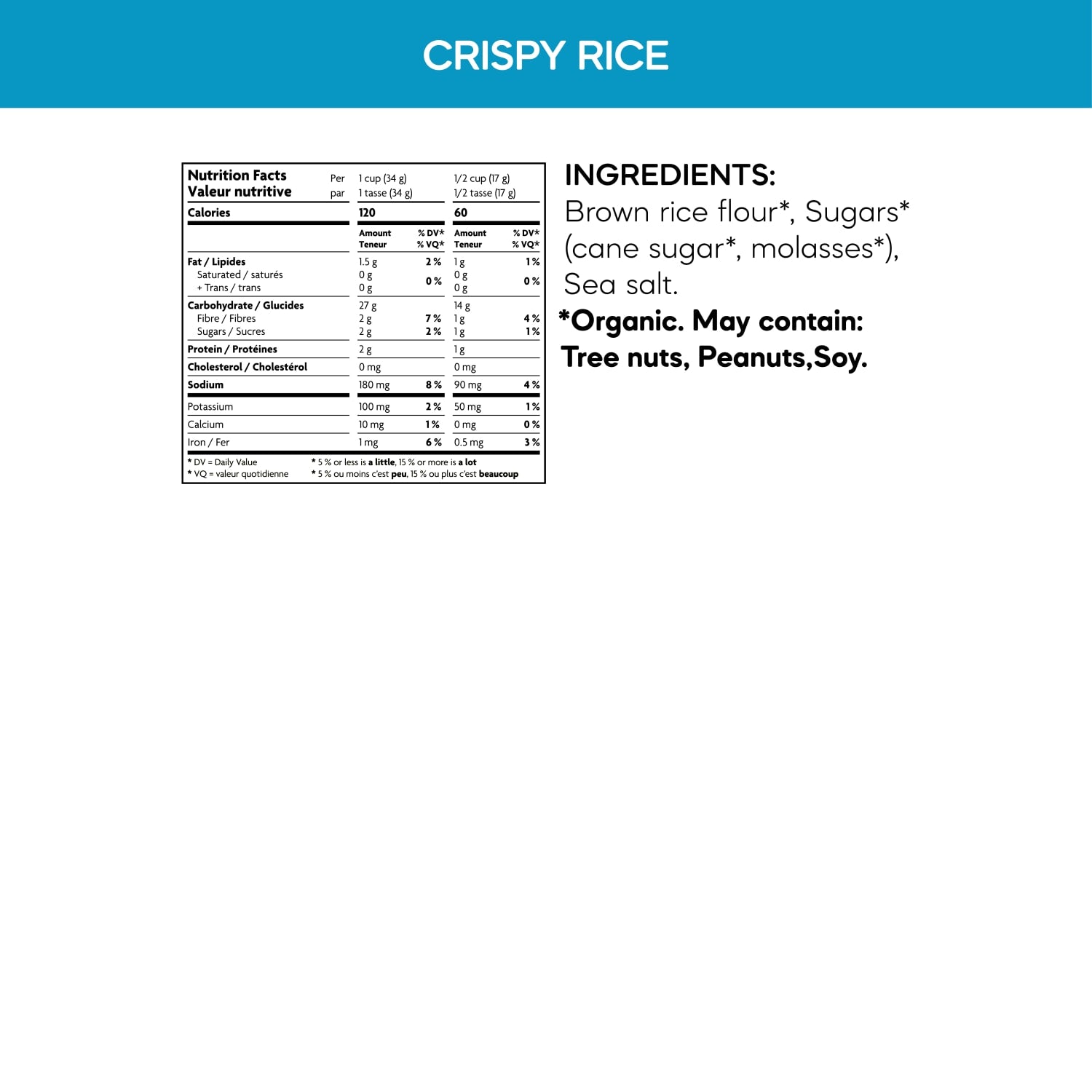 Nutrition facts per serving and ingredient statement for Crispy Rice Cereal