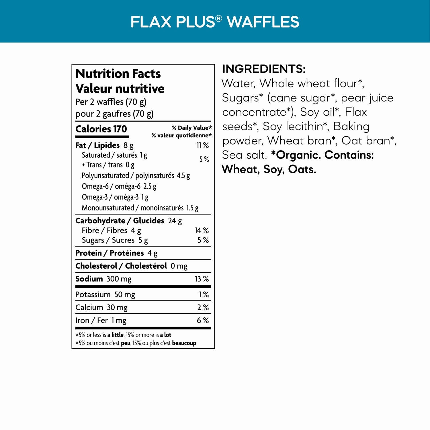 Nutrition facts per serving and ingredient statement for Flax Plus Waffles