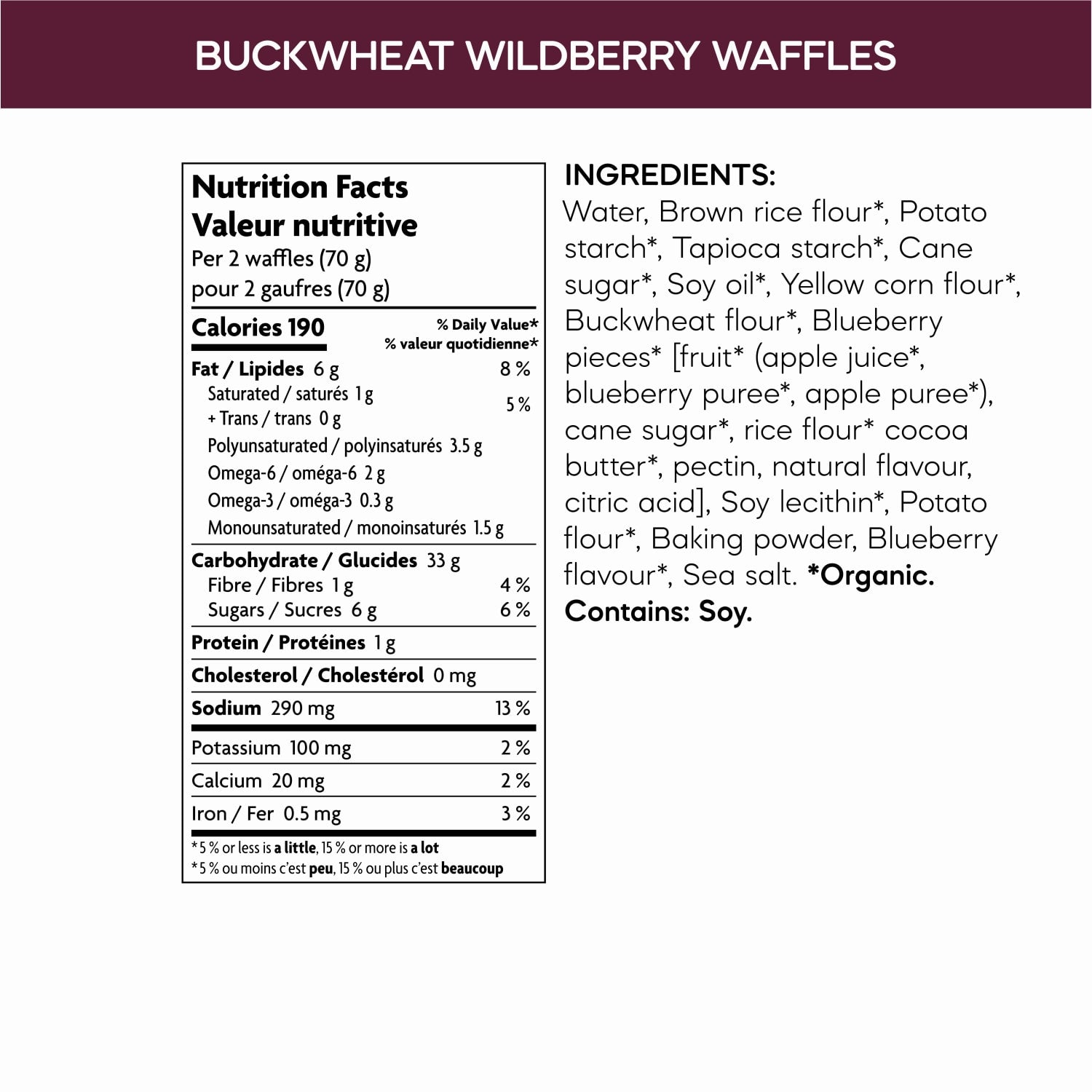 Nutrition facts per serving and ingredient statement for Buckwheat Wildberry Gluten Free Waffles