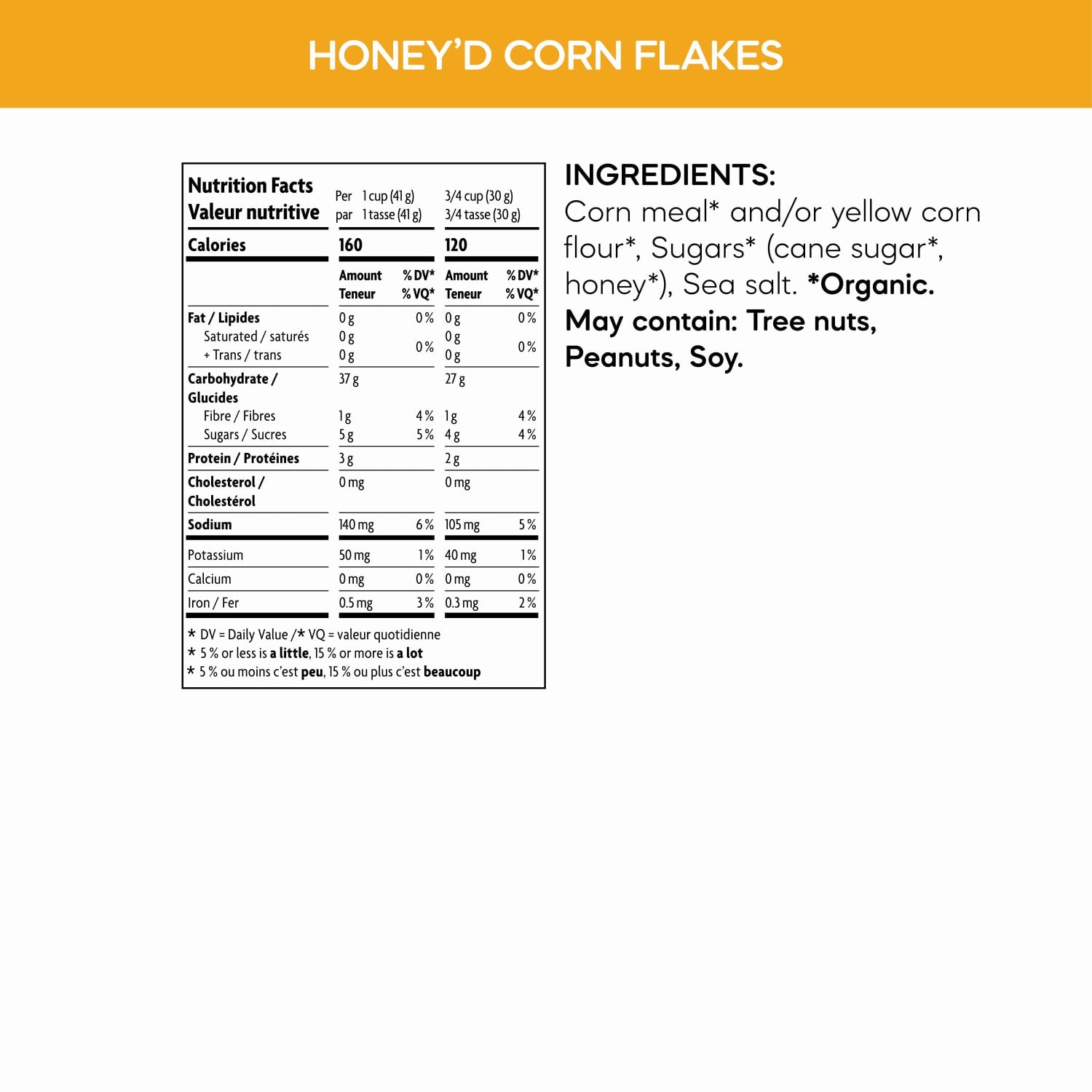 Nutrition facts per serving and ingredient statement for Honey'D Corn Flakes Cereal