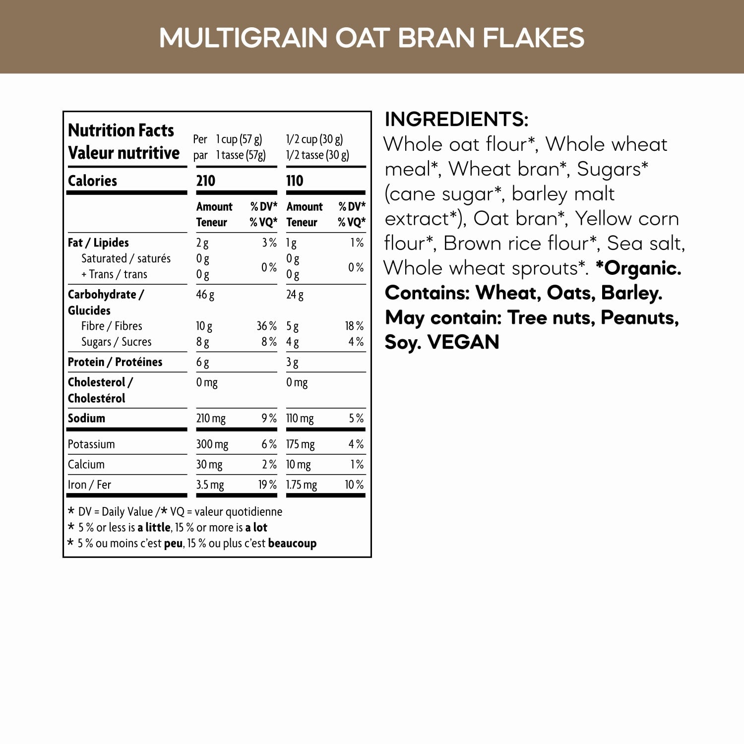 Nutrition facts per serving and ingredient statement for Multigrain Oat Bran Flakes Cereal