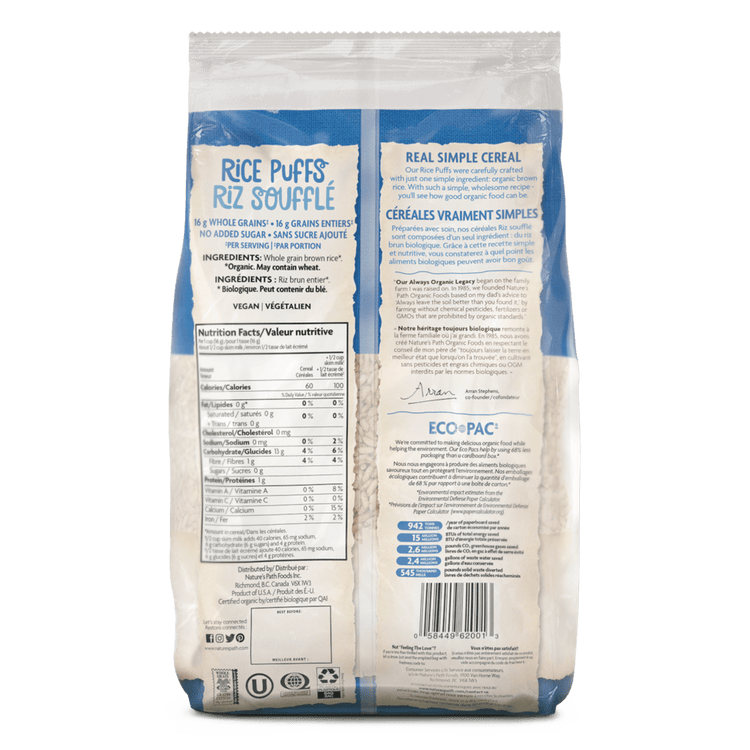 Rice Puffs Cereal, 170 g de terre amicale Sac